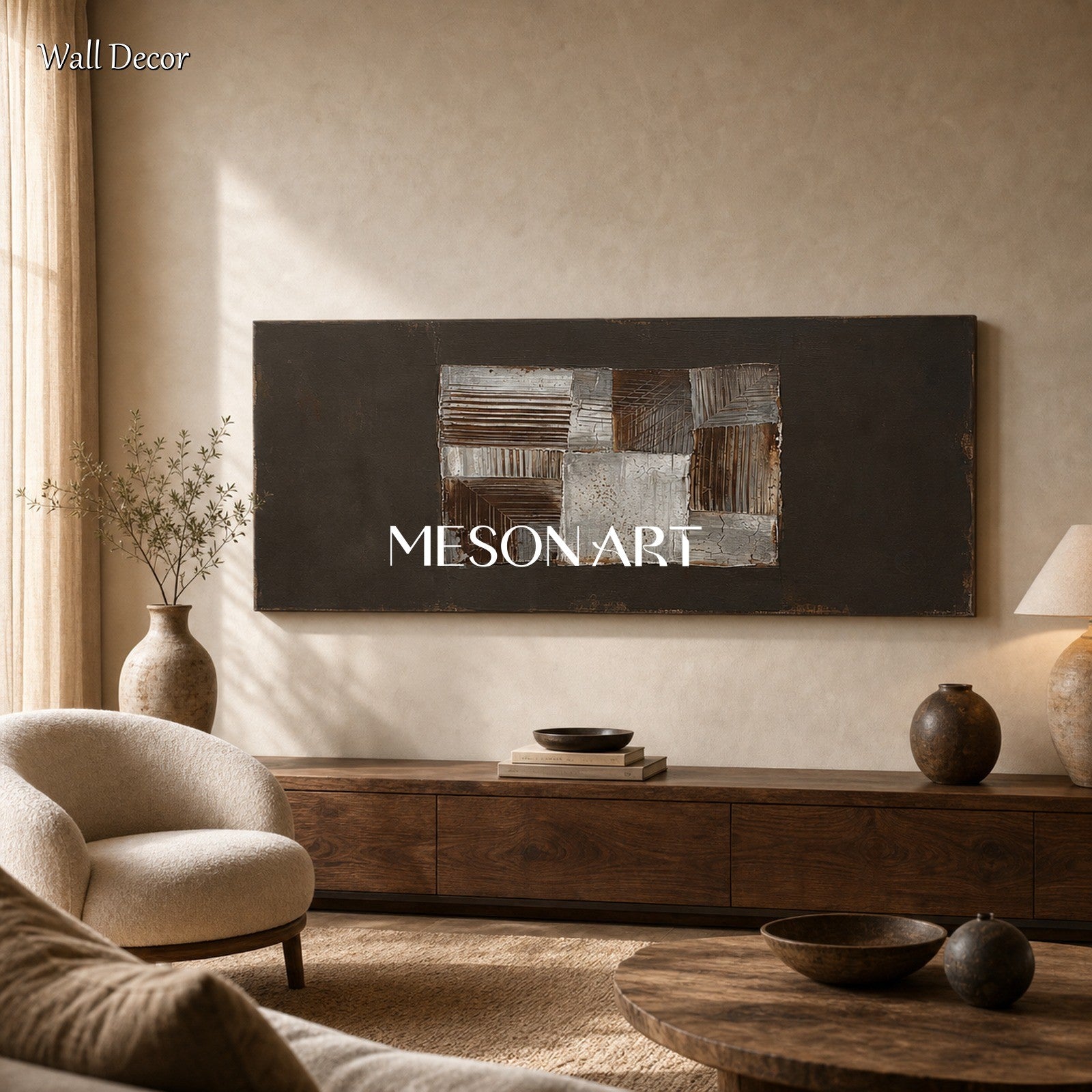 Large Brown Abstract Painting With Textured Relief For Executive Office Decor