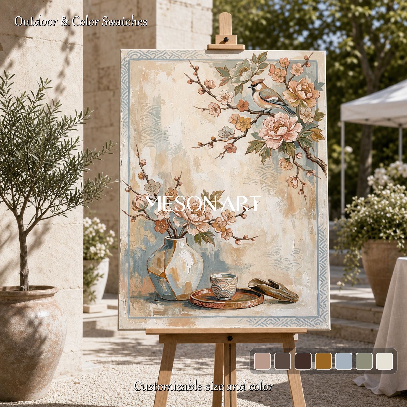 Elegant Beige Floral Bird Painting For Modern Living Room And Dining Room Wall Decor