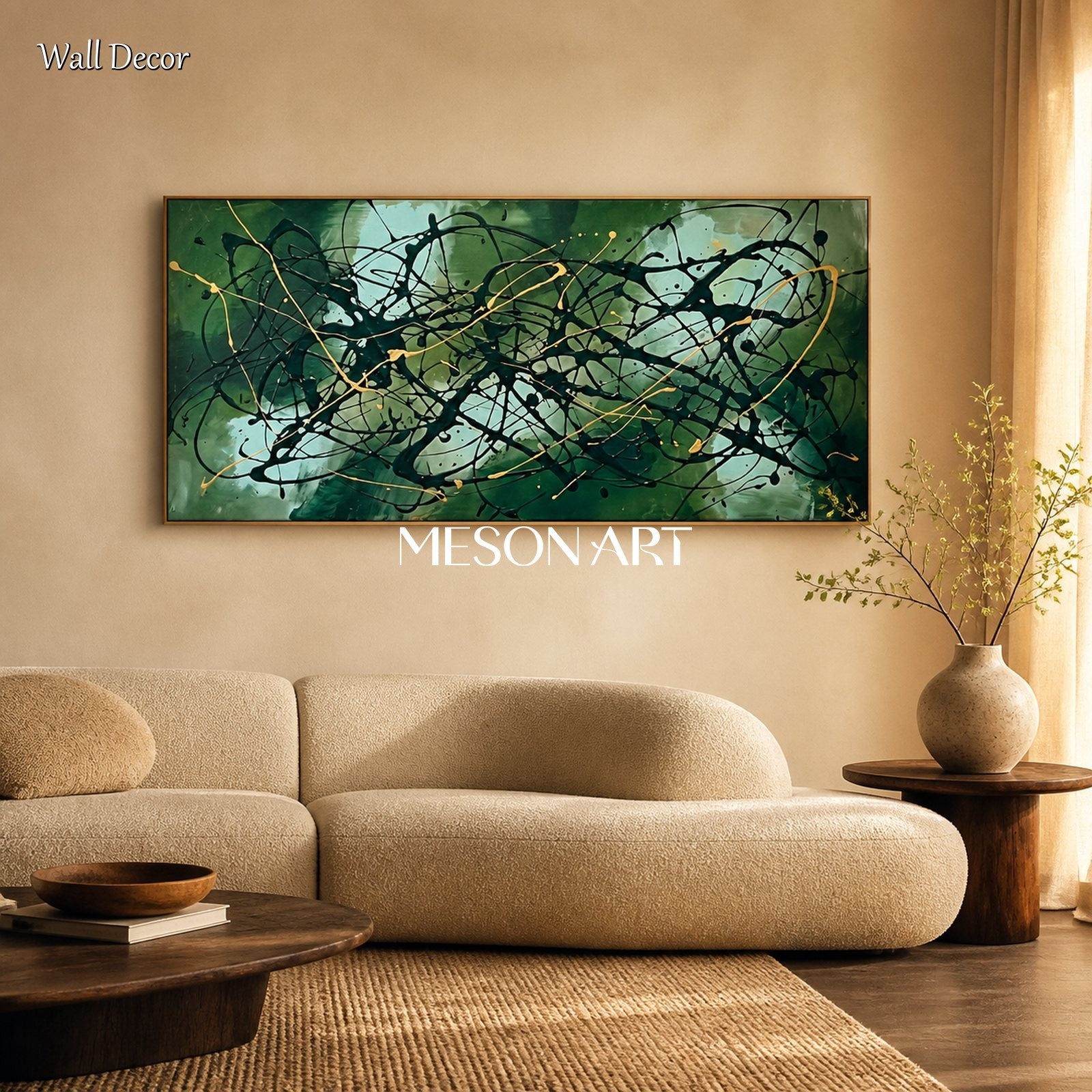 Green And Black Abstract Action Painting Inspired By Jackson Pollock Panoramic Wall Art For Living Room By Mesonart