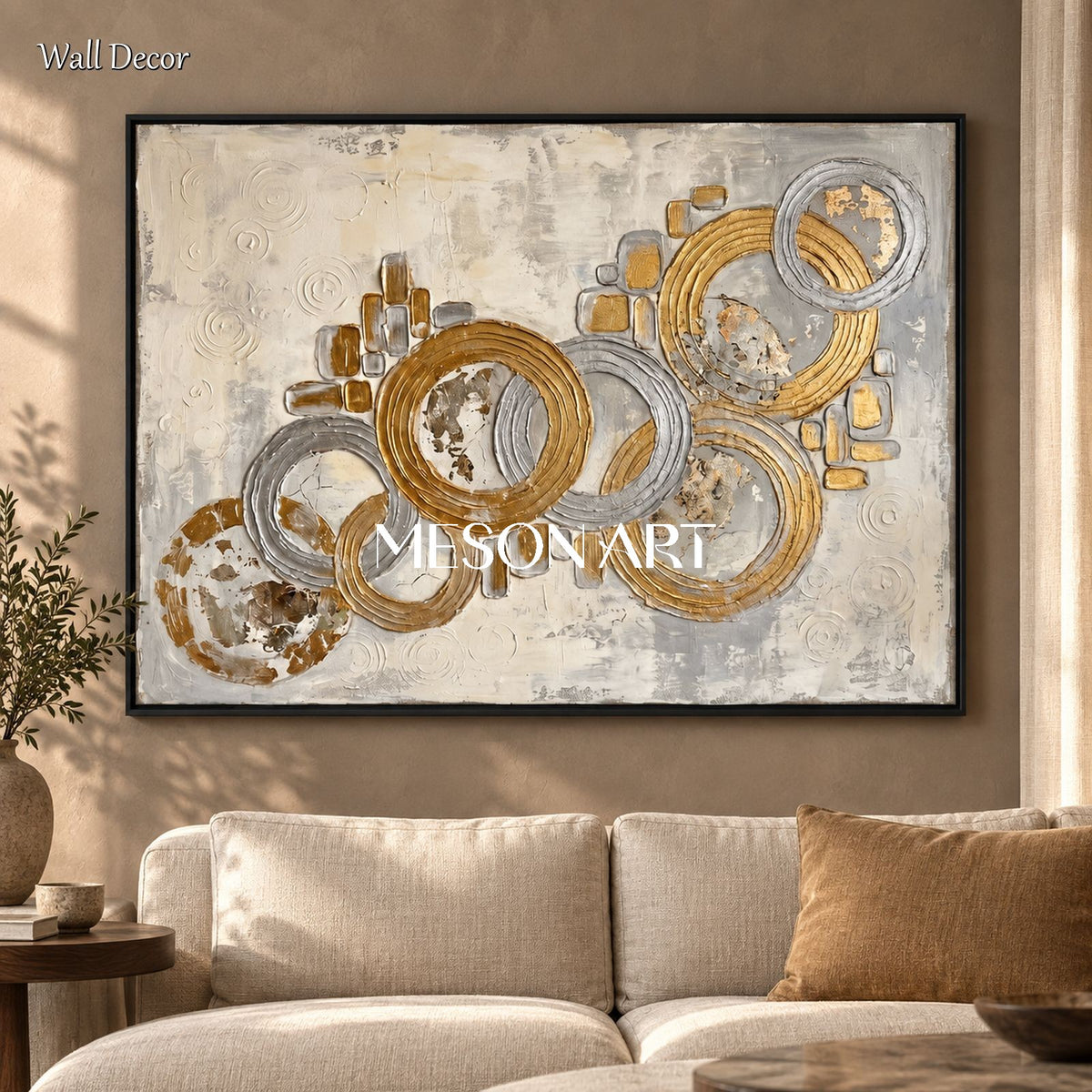 Gold And Gray Abstract Art Rectangular Wall Decor Original Artist Hand Painted By Mesonart