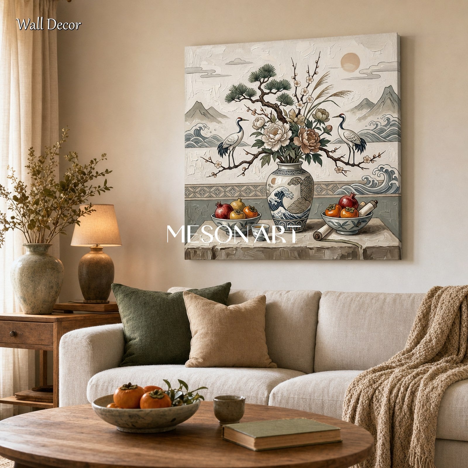 Japanese Inspired Still Life Art With Cranes And Peonies For Calm Living Spaces