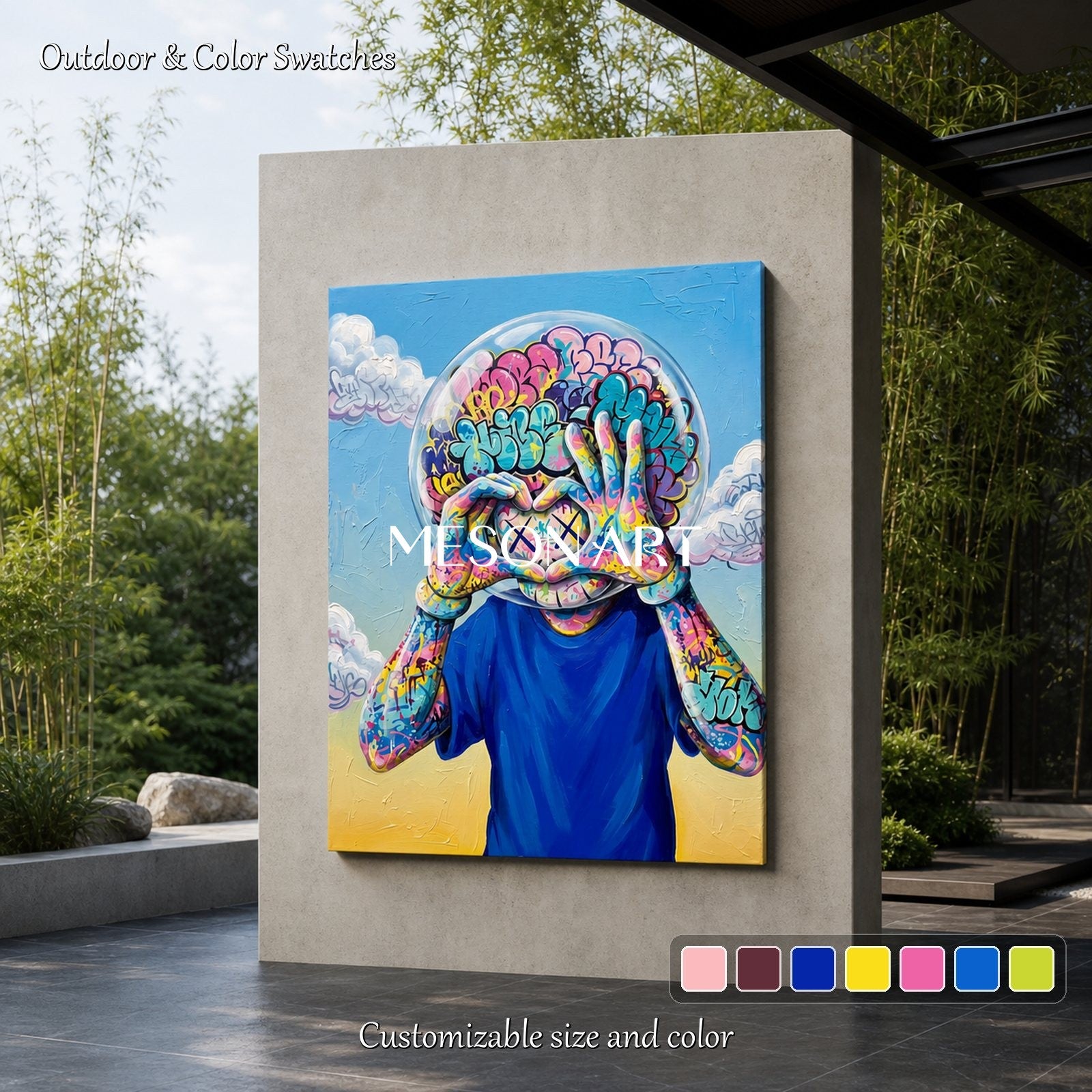 Vibrant Graffiti Art Painting With Bubble Head Figure For Modern Living Room Decor