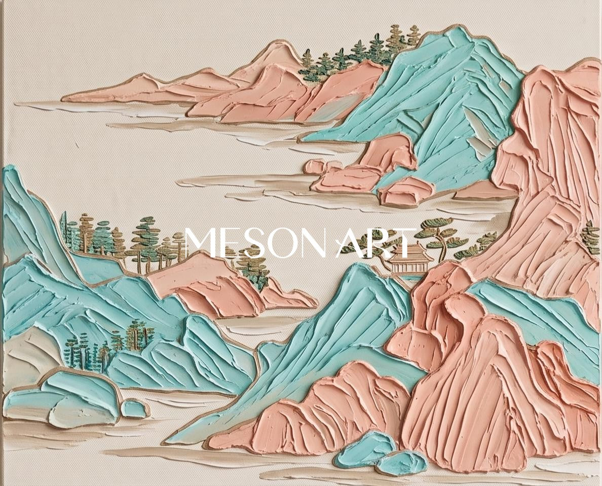 Beige And Blue Modern Impasto Mountain Painting Rectangular Wall Art For Living Room By Mesonart