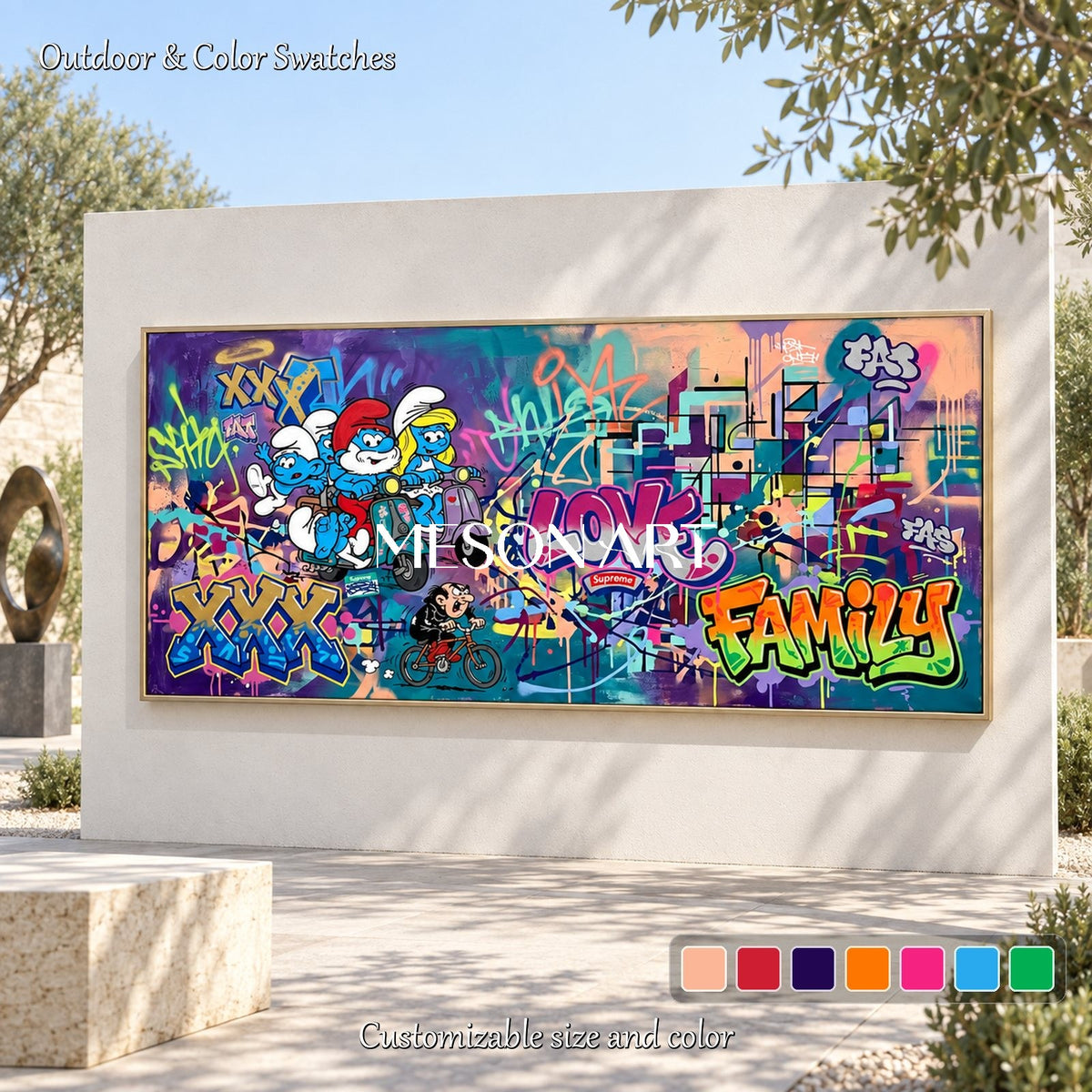 Blue And Purple Abstract Graffiti Art Large Smurf Painting Panoramic Wall Decor For Living Room By Mesonart