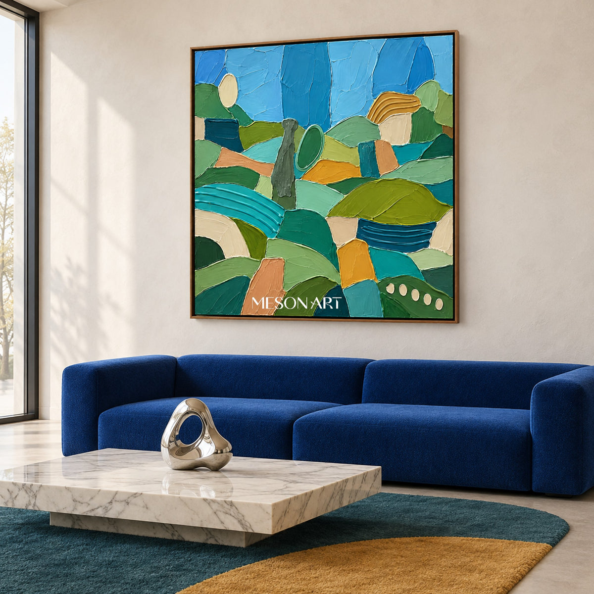 Green And Blue Abstract Landscape Painting Large Original Hand Painted Canvas Wall Art Square For Living Room By Mesonart
