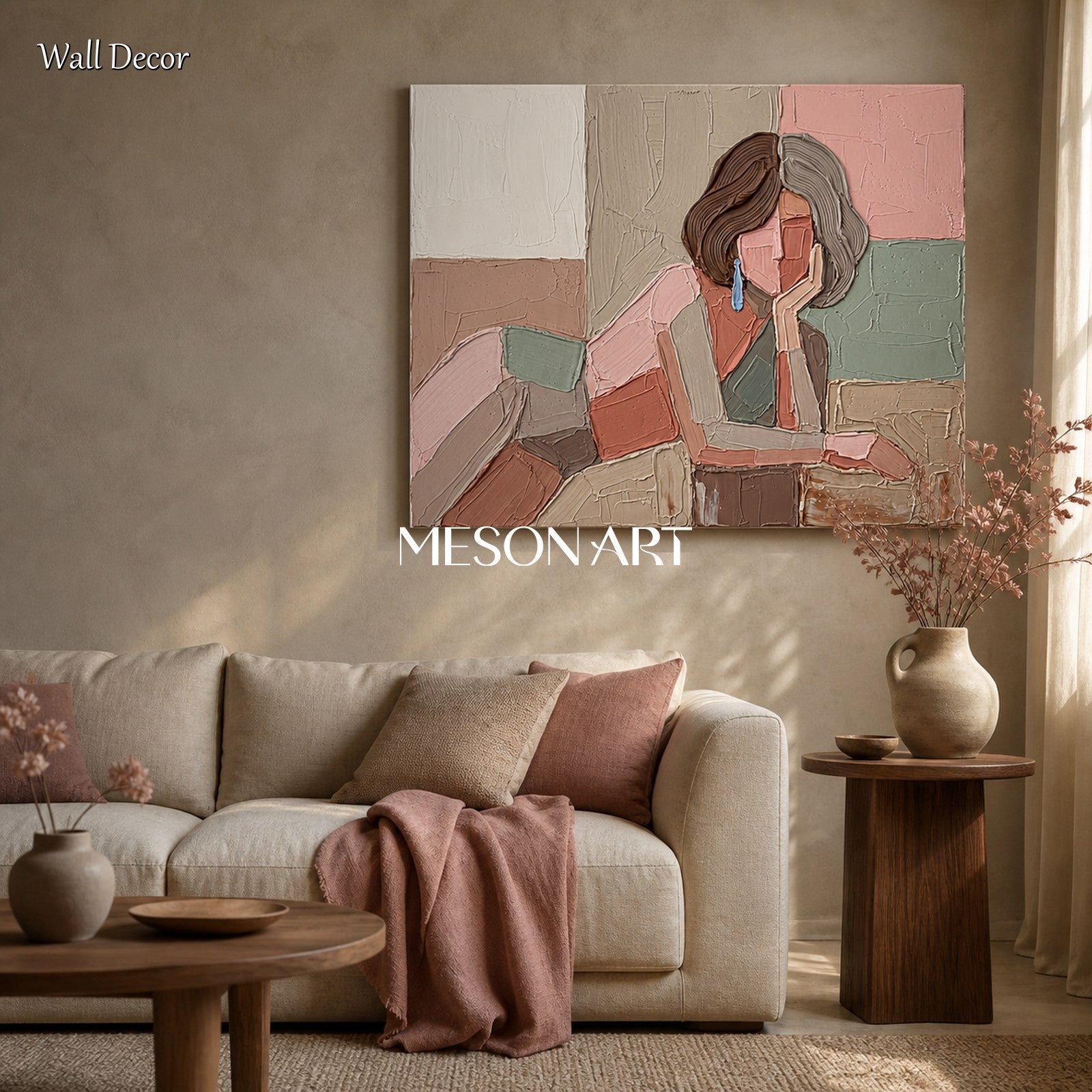 Pink And Brown Painting Modern Portrait Contemporary Figurative Art Original Artist Hand Painted Rectangular Wall Decor For Living Room By Mesonart
