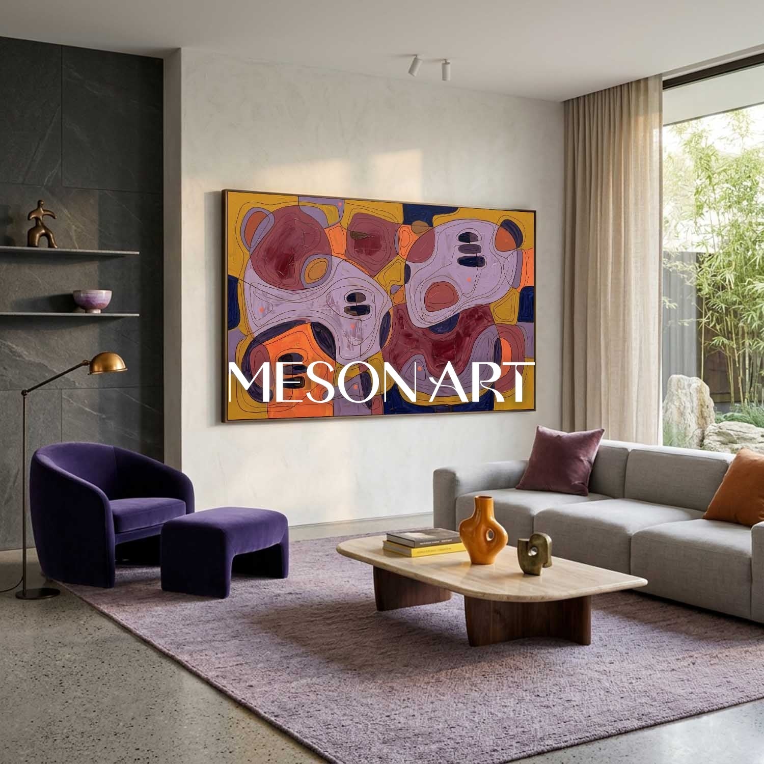 Contemporary Abstract Painting With Amber And Violet Tones For Modern Living Room Decor