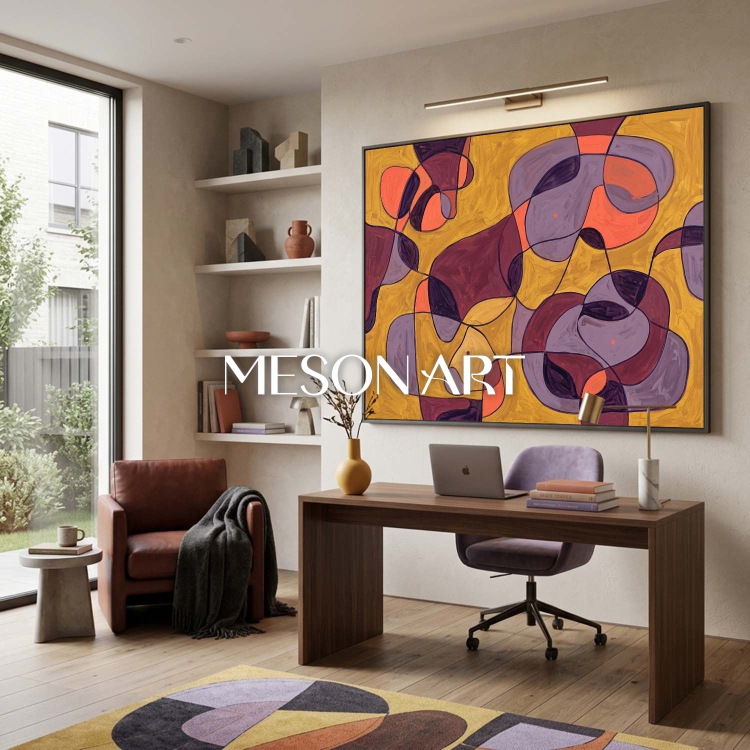 Contemporary Abstract Oil Painting With Amber And Violet Hues For Modern Living Room Decor
