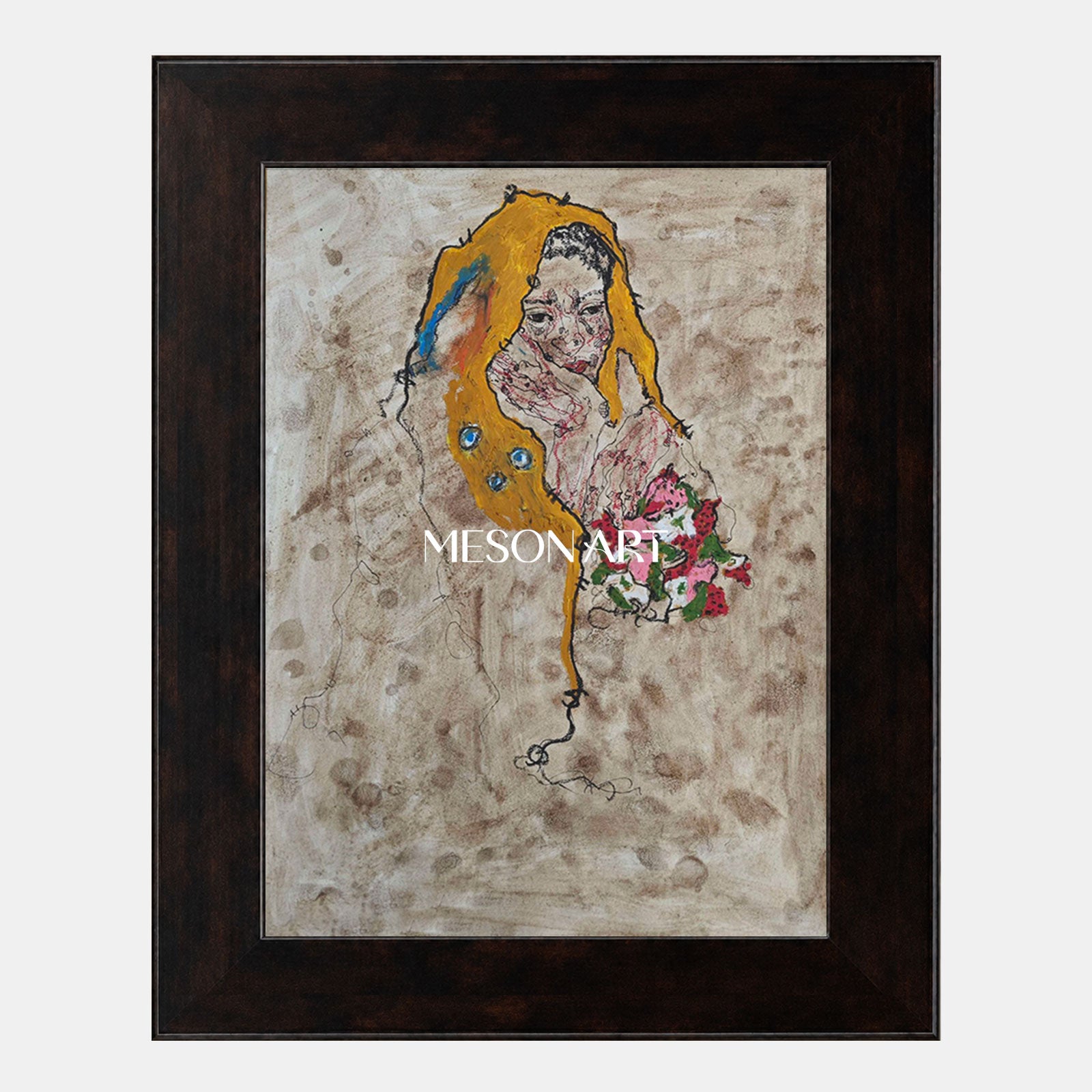 Modern Abstract Portrait Painting With Gold Accents For Living Room And Entryway Decor