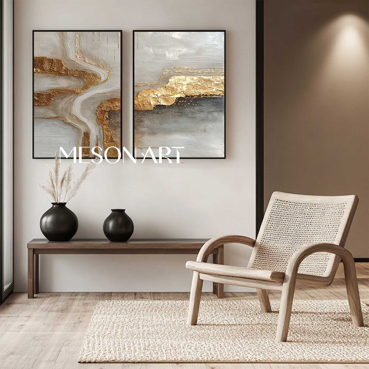 Abstract Textured Gold and Gray Canvas Wall Art 2 Piece Modern Painting Set for Living Room