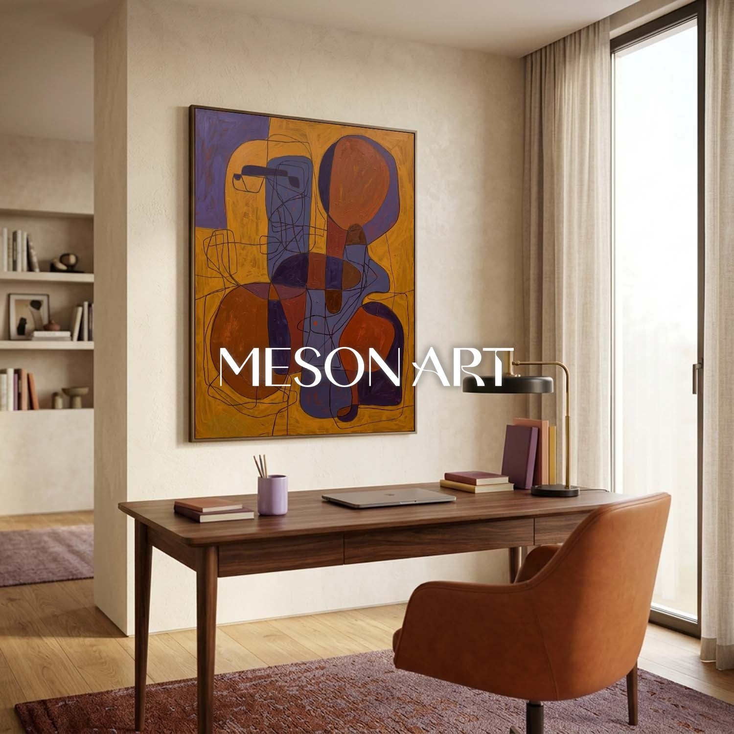Contemporary Abstract Art With Ochre And Indigo For Modern Living Room Decor