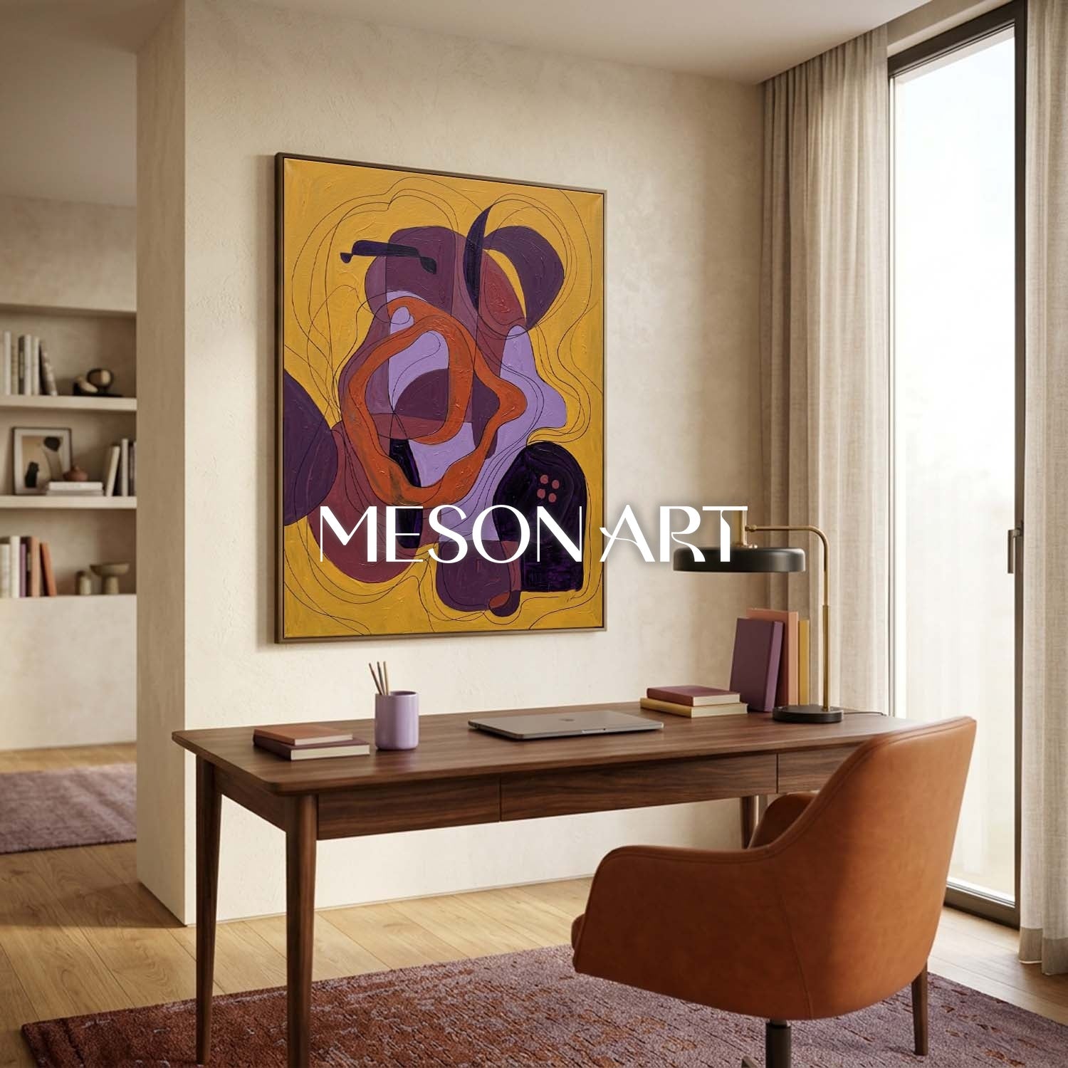Contemporary Abstract Oil Painting With Gold And Purple Hues For Modern Living Room Decor