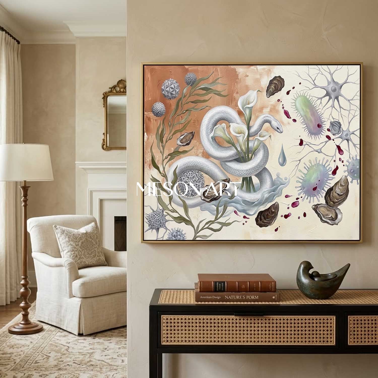 Original Bio Surrealist White Snake Oil Painting Luxury Villa Decor