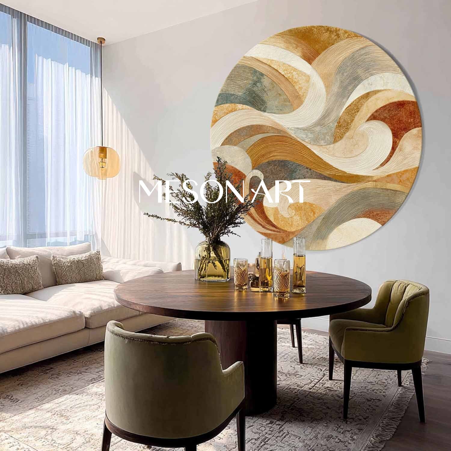 Modern Wave Abstract Wall Art – Earthy Tone Wave-Inspired Round Canvas