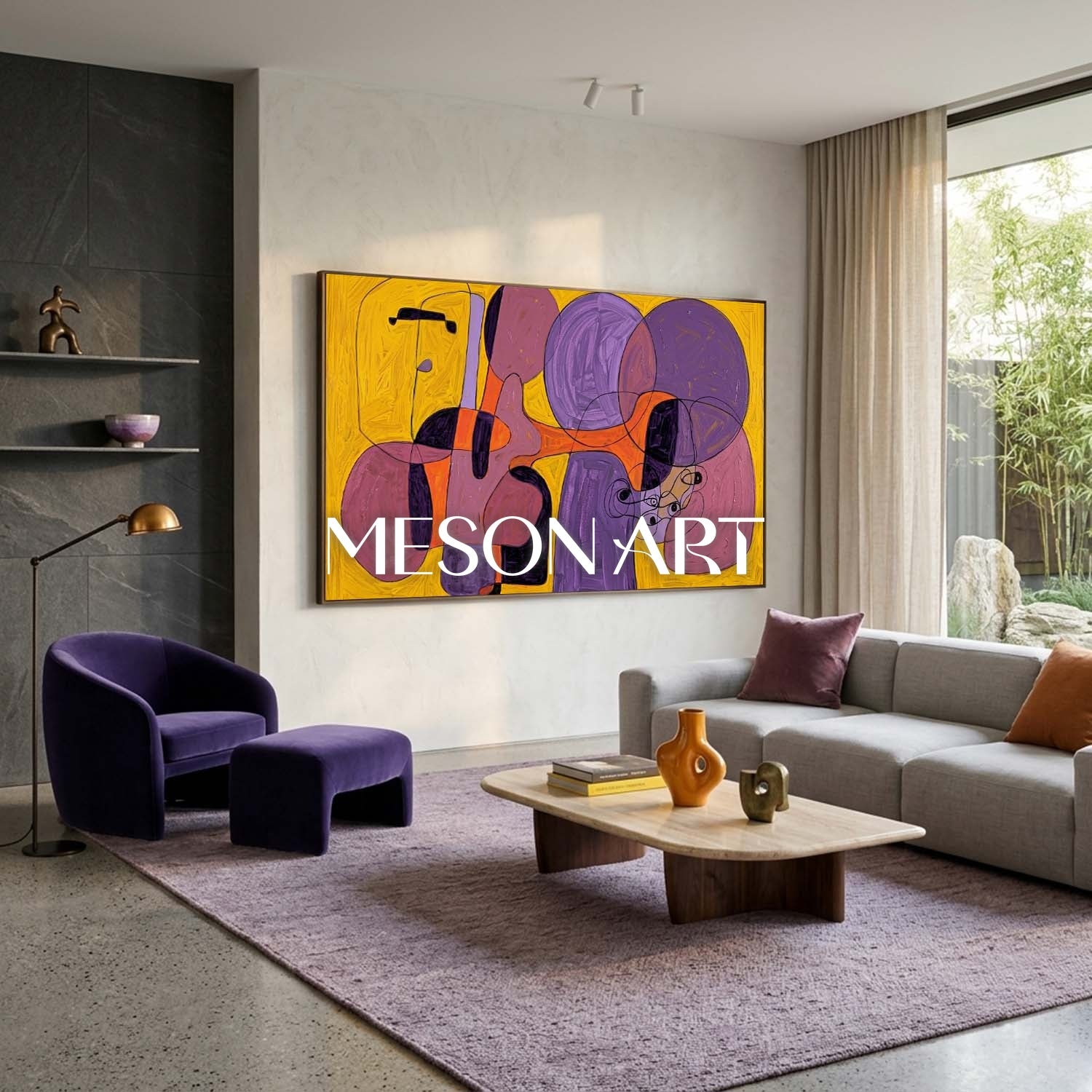 Contemporary Abstract Art With Purple And Yellow Tones For Modern Home Decor