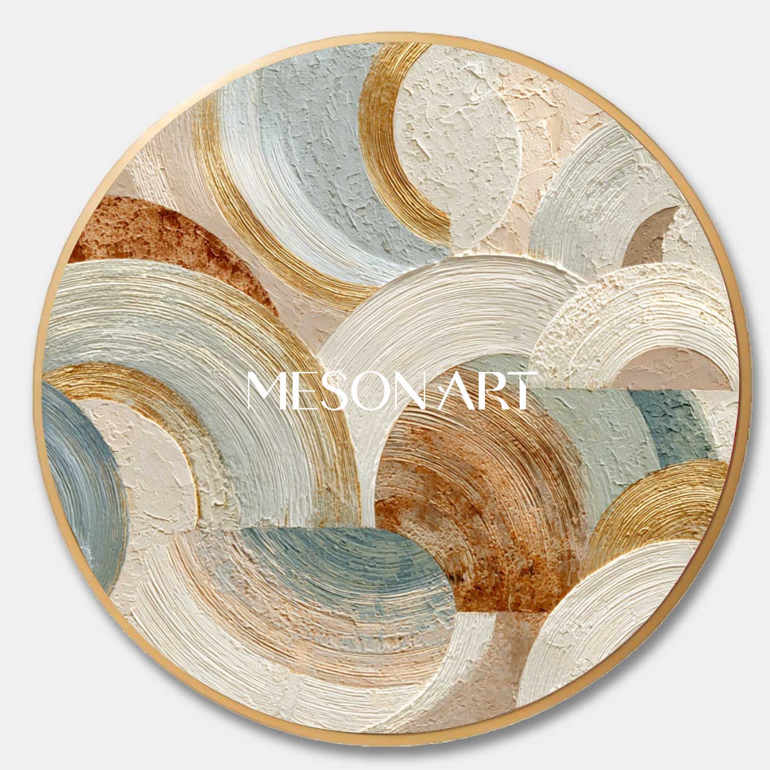 Large Round Abstract Wall Art – Modern Beige and Gold Textured Canvas