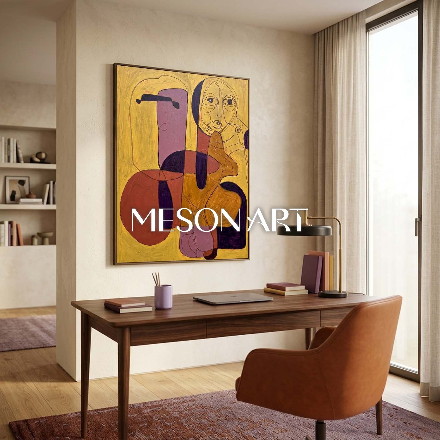 Contemporary Abstract Painting With Gold And Purple Hues For Modern Home Decor