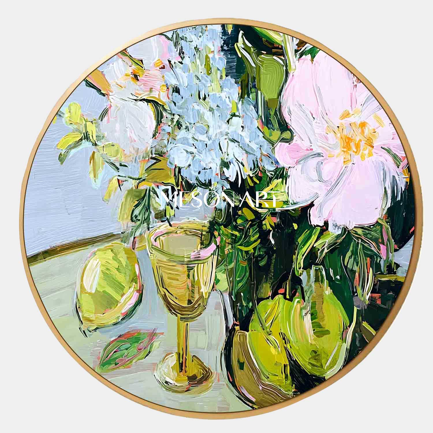 Round Floral Still Life Oil Painting – Vase and Fruit in Impasto