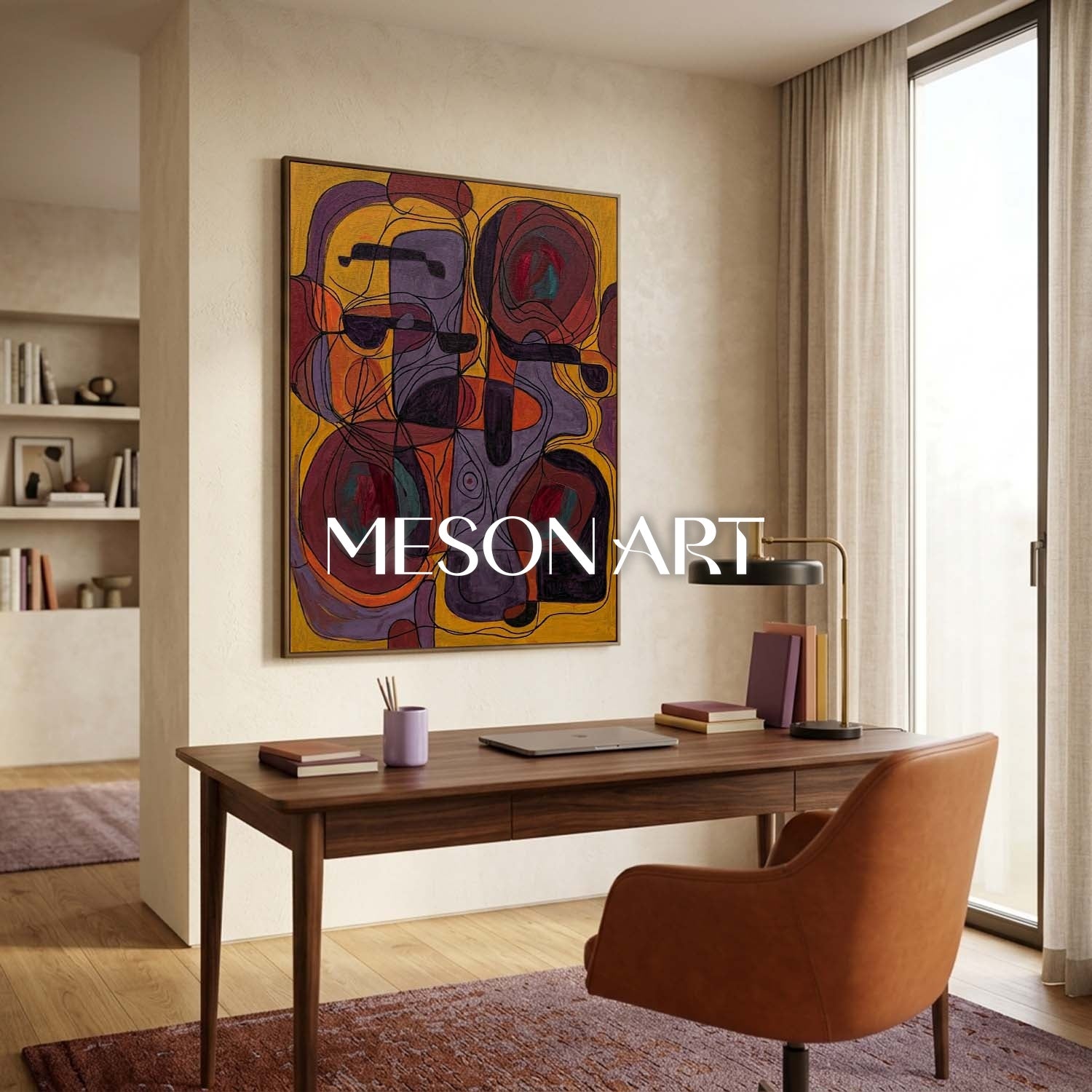 Contemporary Abstract Painting With Golden And Purple Hues For Modern Living Room Decor