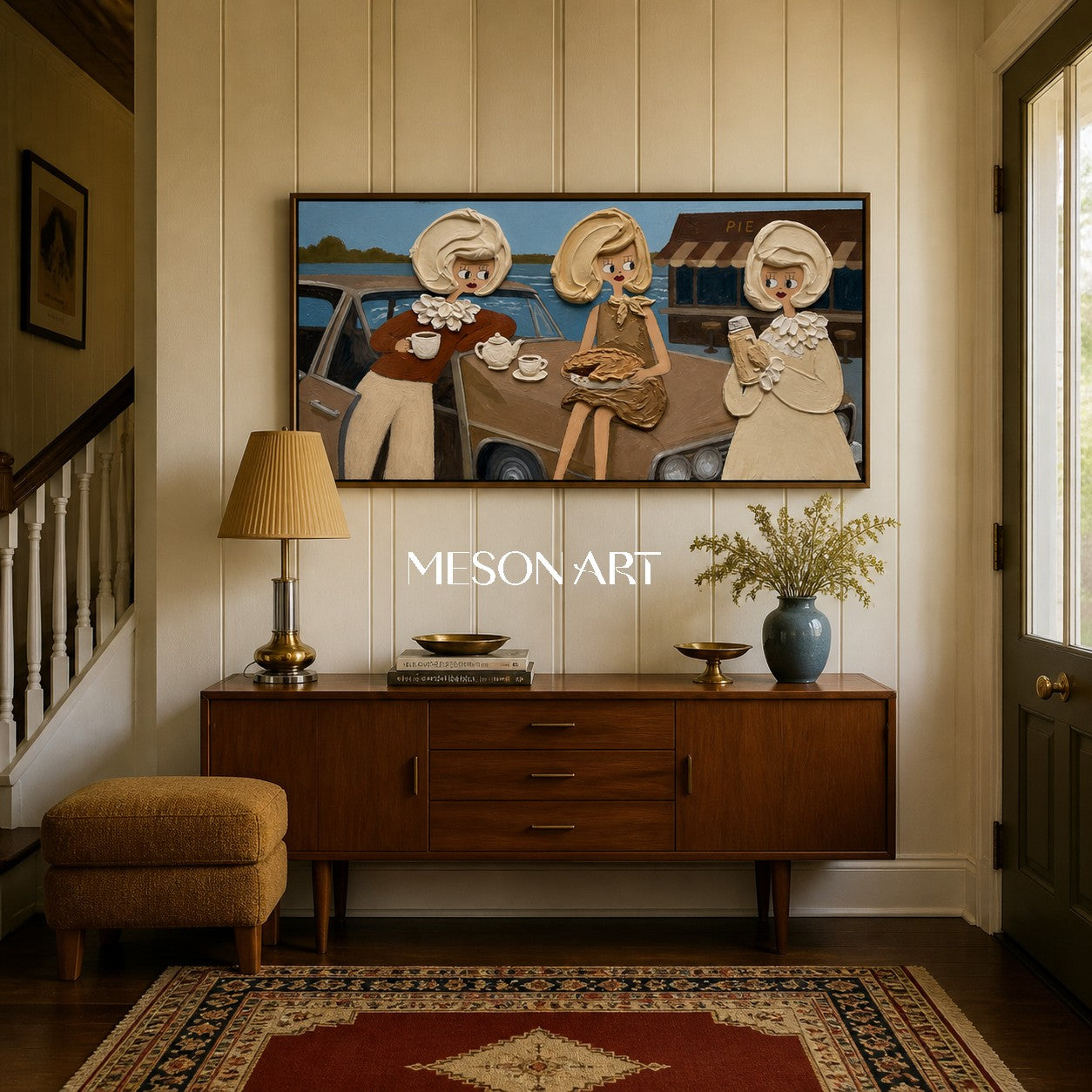Vintage Pop Art Painting With Textured Figures And Classic Cars For Living Room