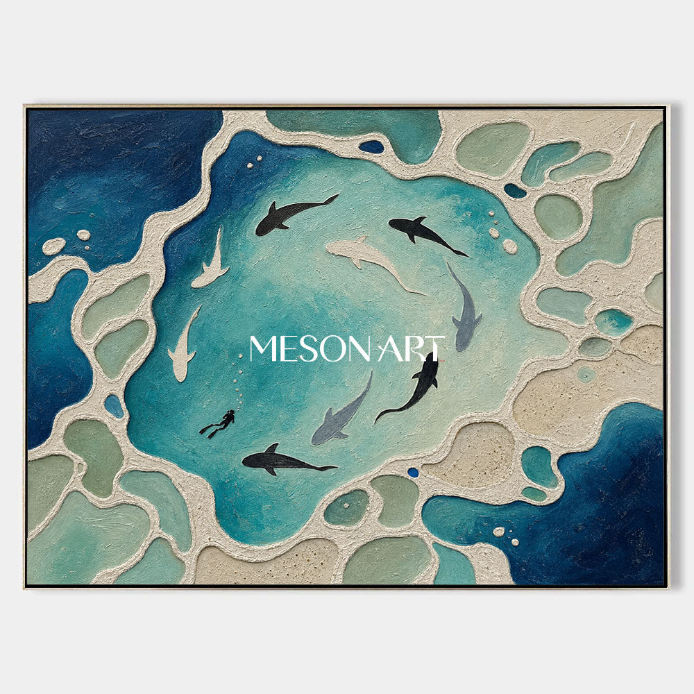 Abstract Ocean Shark Painting With Textured Reef For Modern Living Room Decor