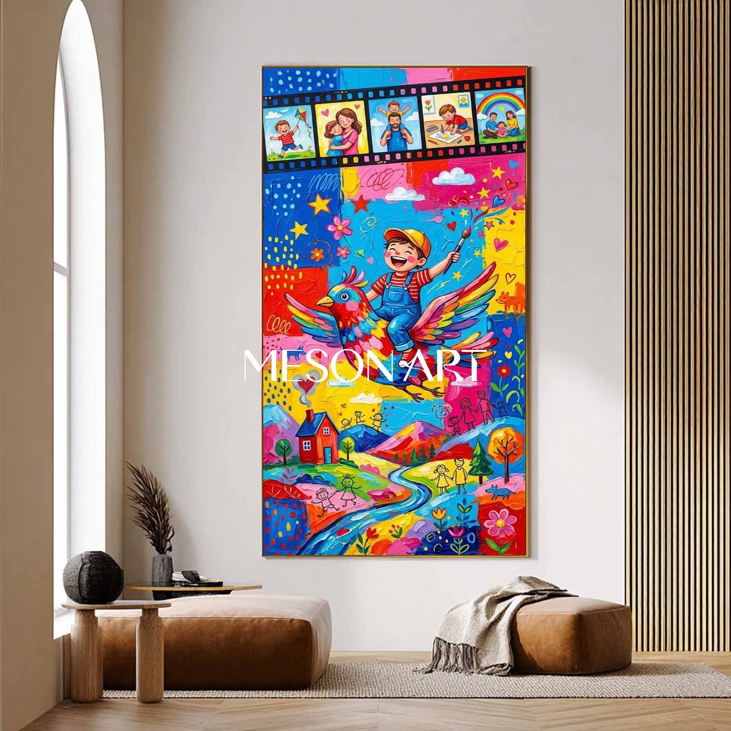Colorato dipinto surrealista di ragazzo su uccello per la stanza dei bambini arte da parete