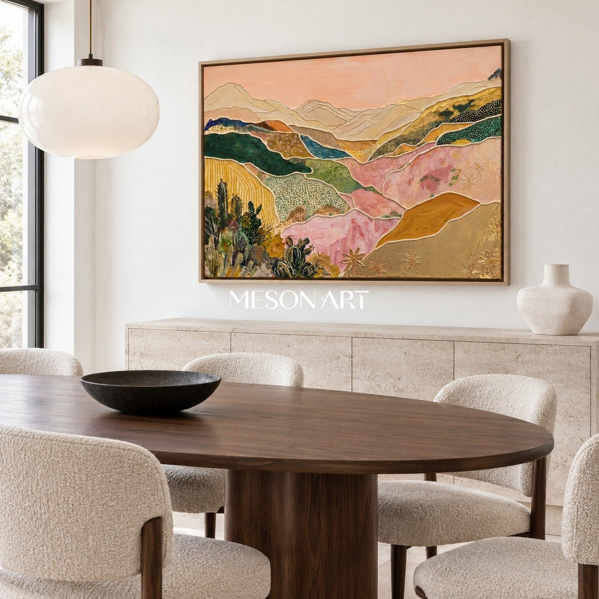Pink And Gold Desert Landscape Textured Art Contemporary Organic Cactus Relief By Mesonart