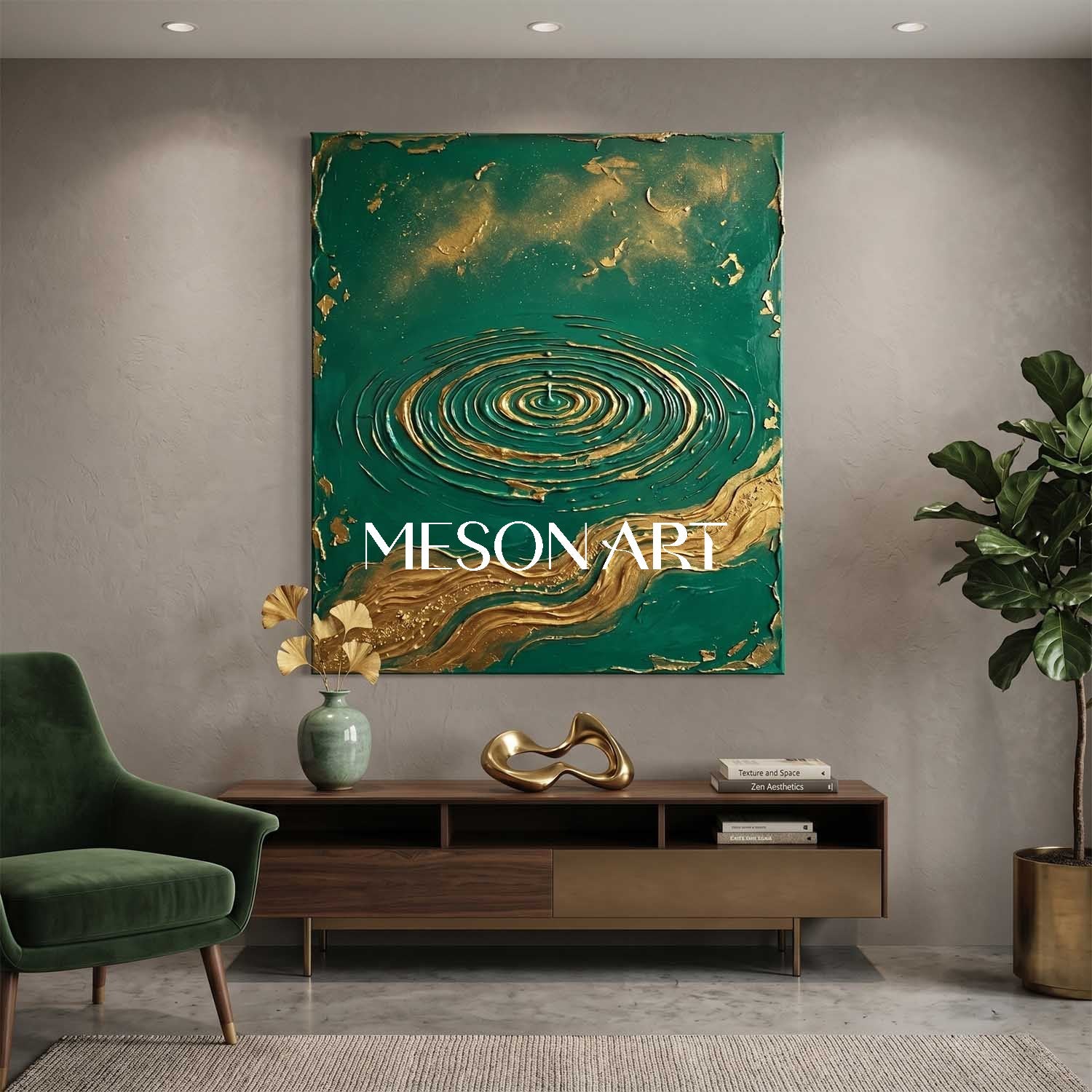 Luxury Emerald Green And Gold Art Deco Painting With Textured Relief For Modern Living Room Decor