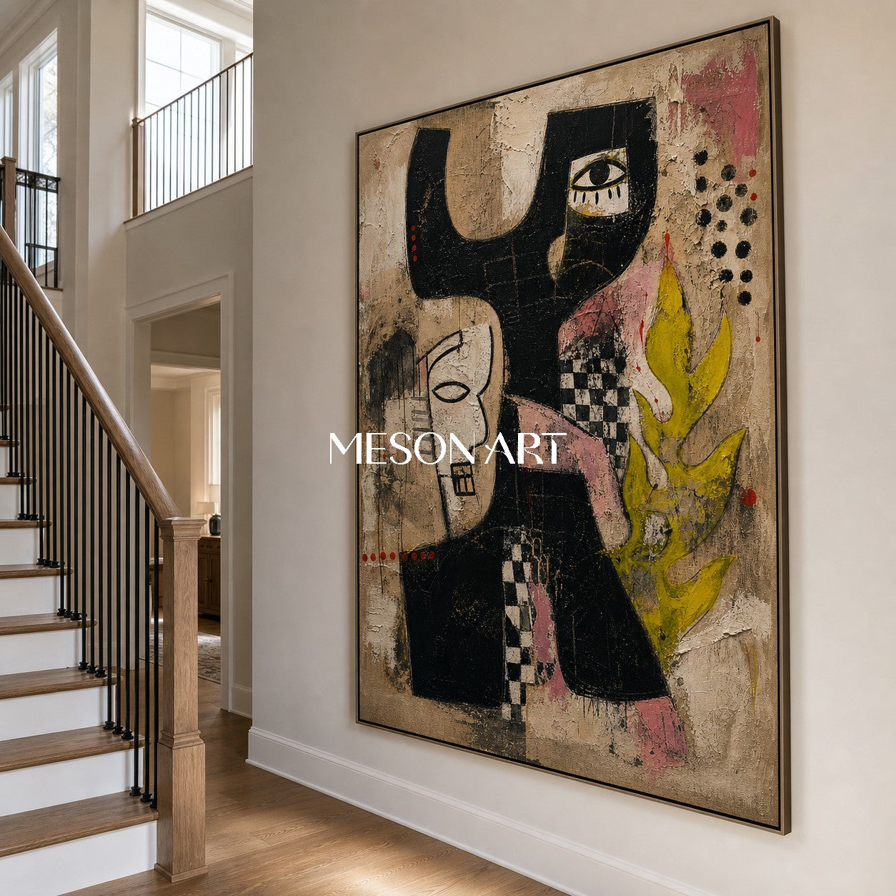 Urban Graffiti Inspired Portrait Painting In Black And White With Yellow Accents For Industrial Loft Decor