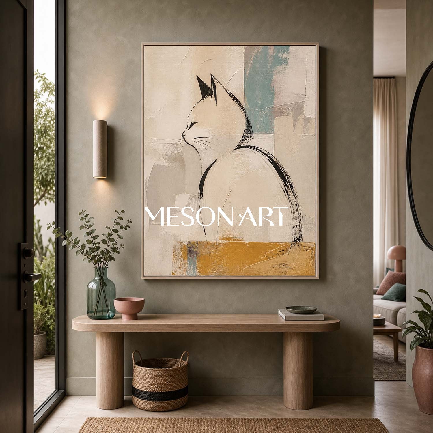 Minimalist Cat Wall Art In Beige And Black For Living Room Bedroom Decor