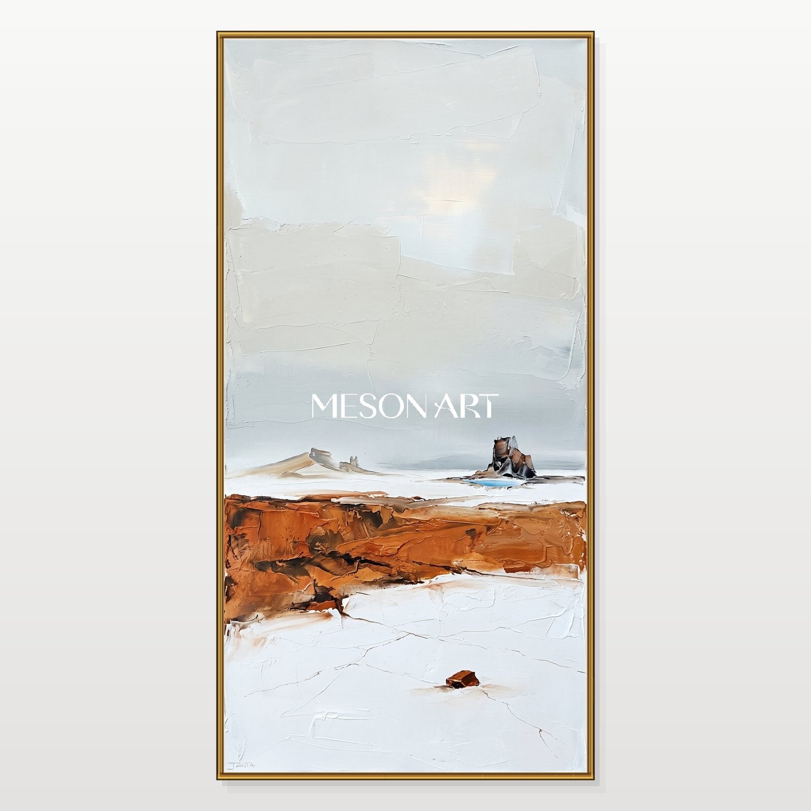 White And Brown Abstract Landscape Painting Panoramic Textured Art Original Artist Hand Painted By Mesonart