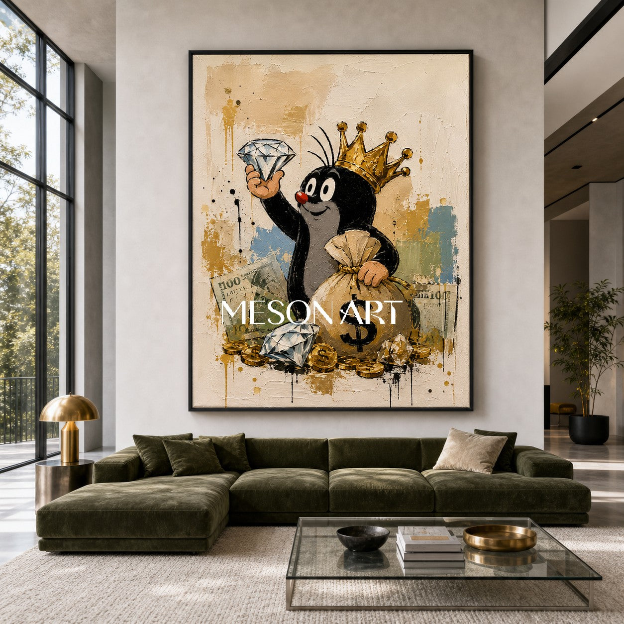 Crowned Mole Pop Art Painting With Gold Coins And Diamonds For Modern Living Room Decor