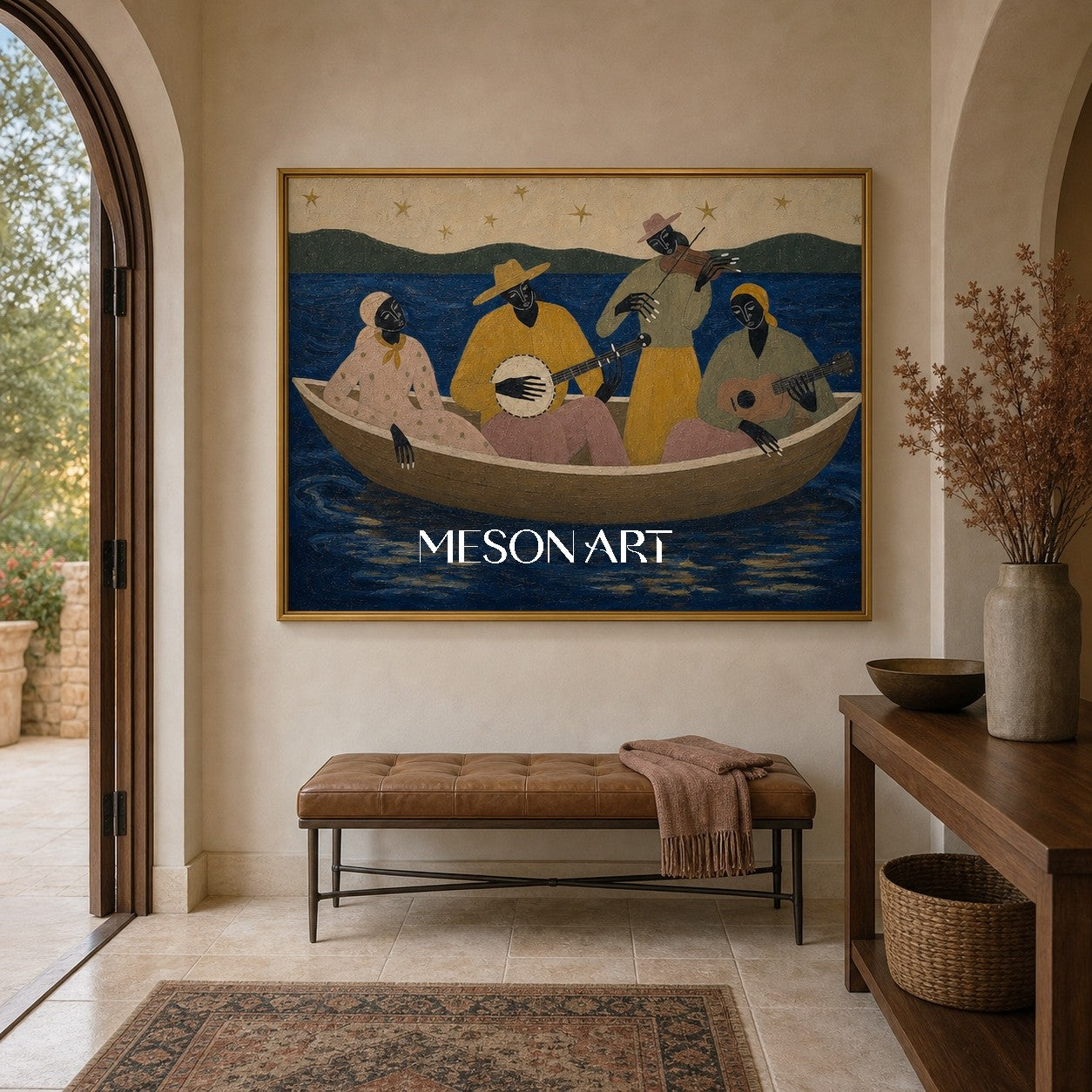 Expressive Musician Boat Painting With Ocean Stars For Living Room Decor