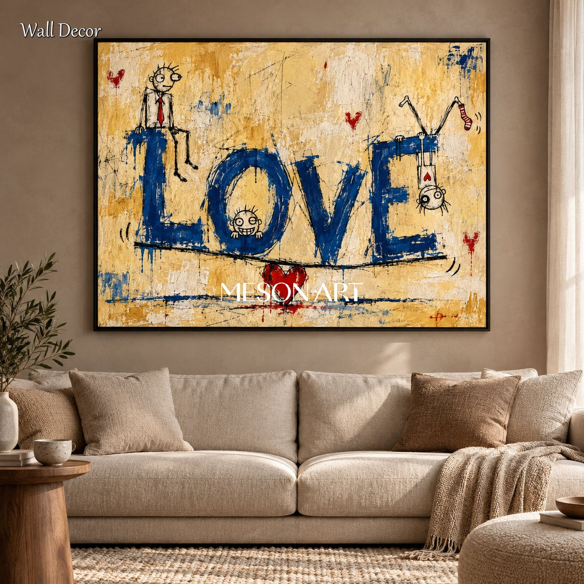 Yellow And Blue Abstract Graffiti Painting Original Artist Rectangular Wall Art For Living Room By Mesonart