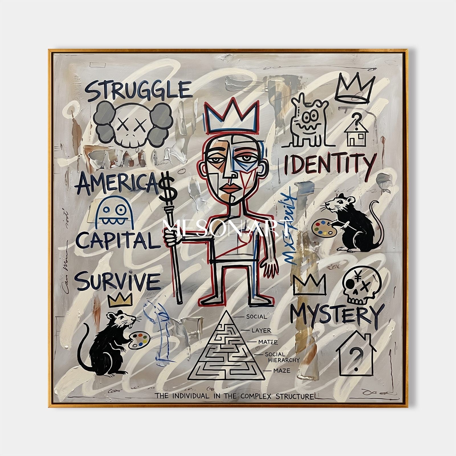 Abstract Street Art Painting With Symbolic Figures For Modern Living Room Decor