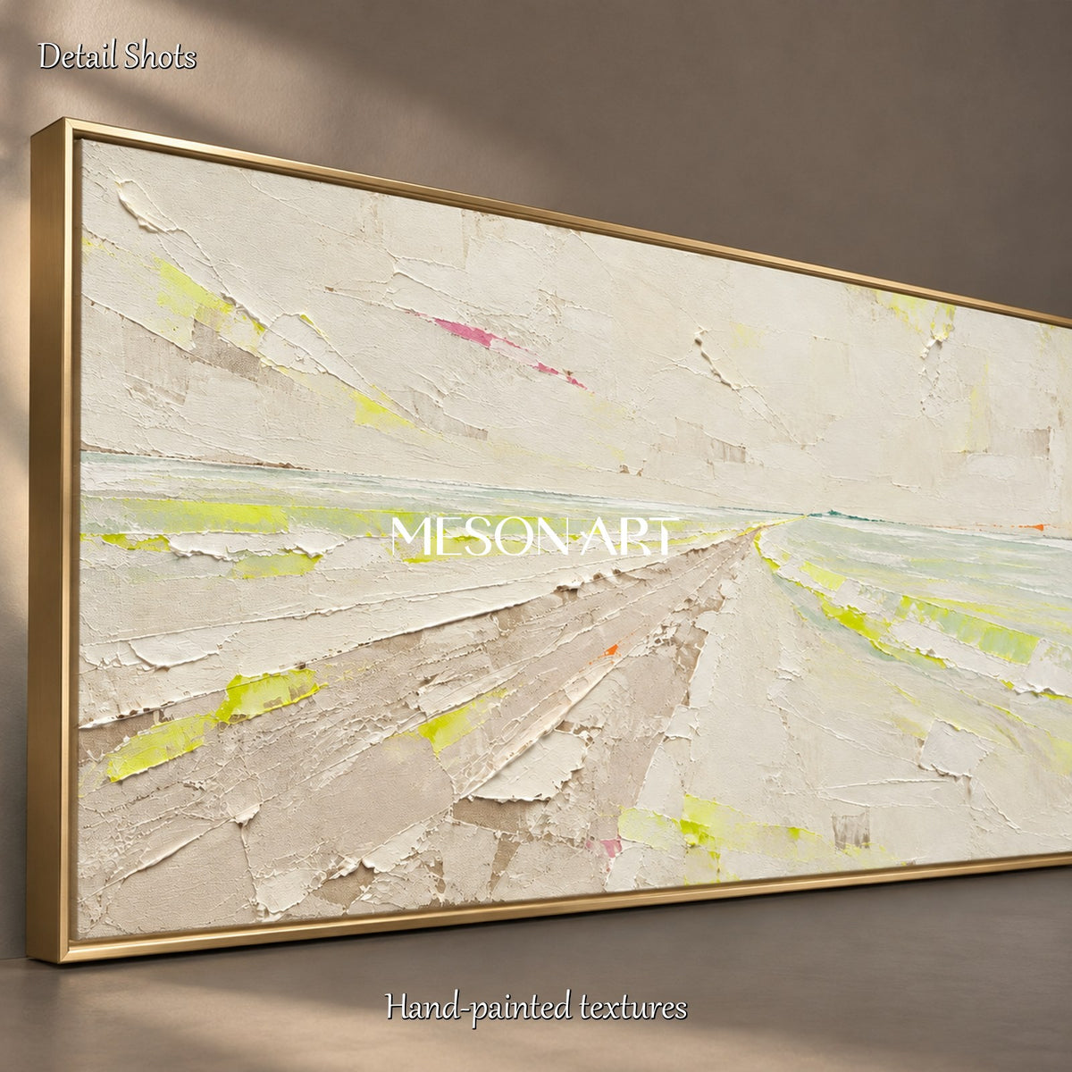 Beige And Green Abstract Painting Panoramic Wall Art By Artist Contemporary Landscape Modern Palette Knife Neutral Tone Art By Mesonart