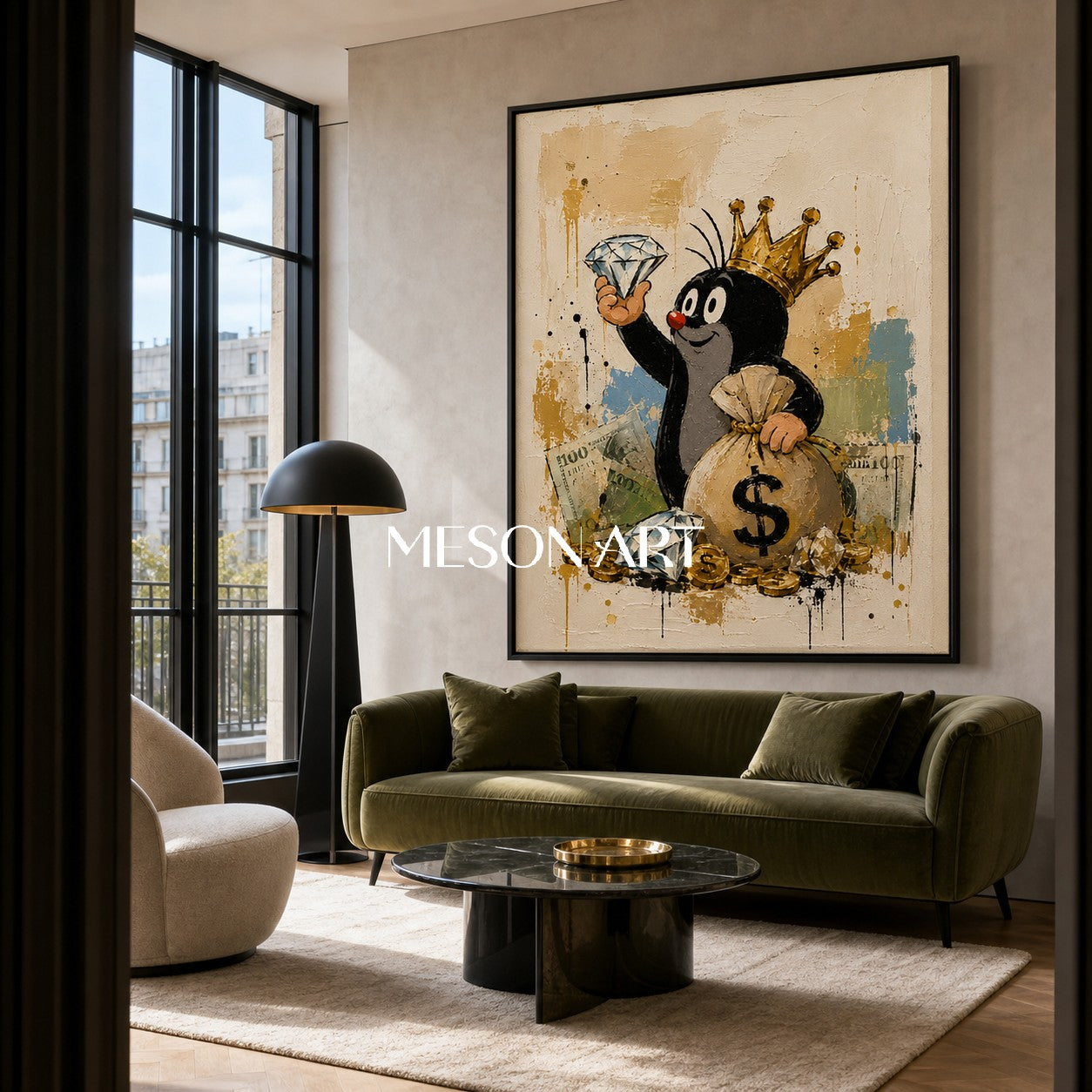 Crowned Mole Pop Art Painting With Gold Coins And Diamonds For Modern Living Room Decor