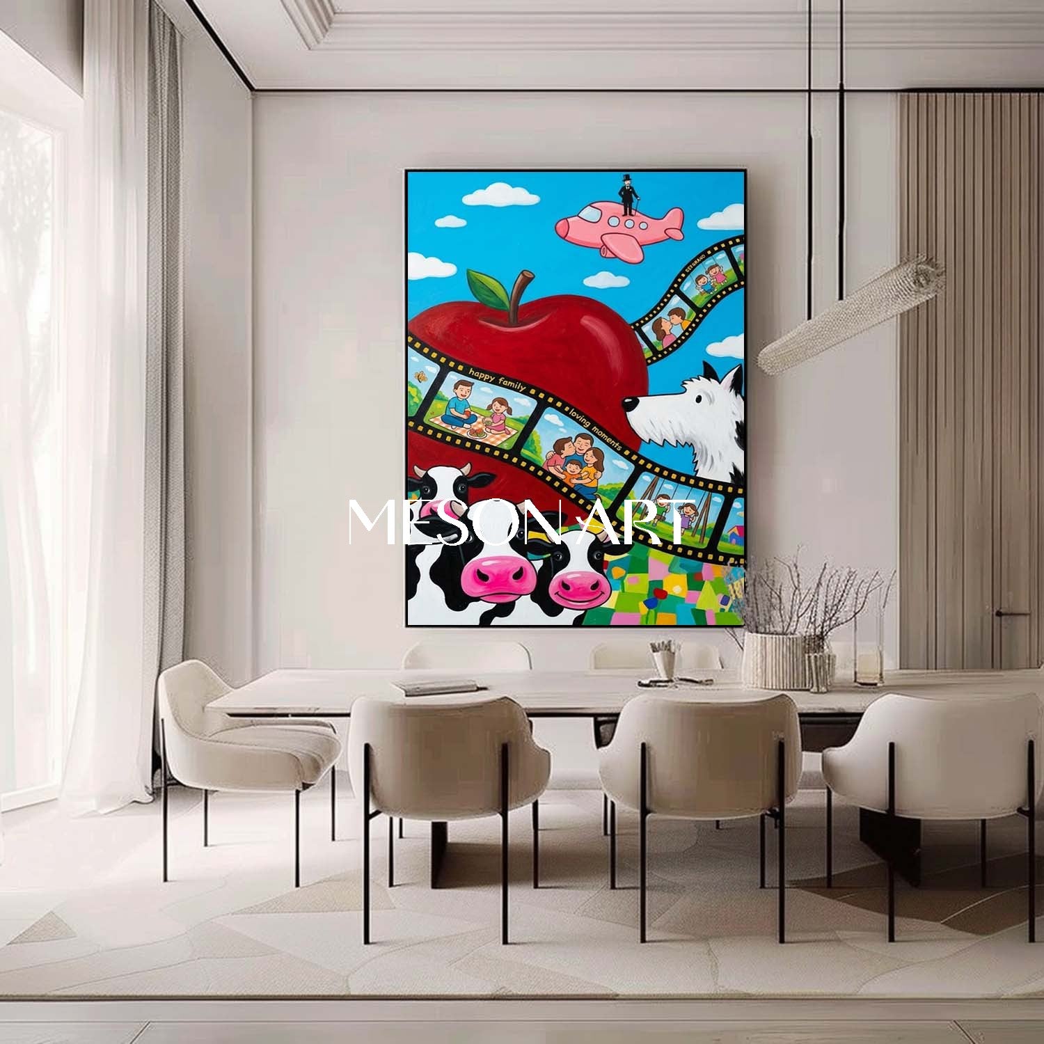 Surrealist Family Art With Cows And Apple For Kids Room Decor