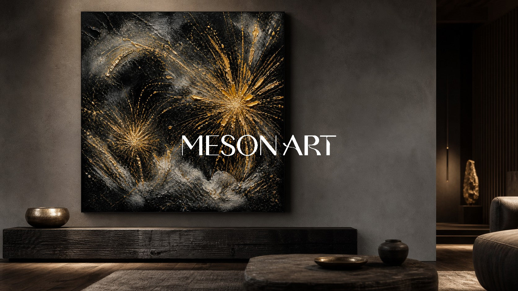 Luxury Black And Gold Abstract Art With Textured Relief For Modern Living Room Decor