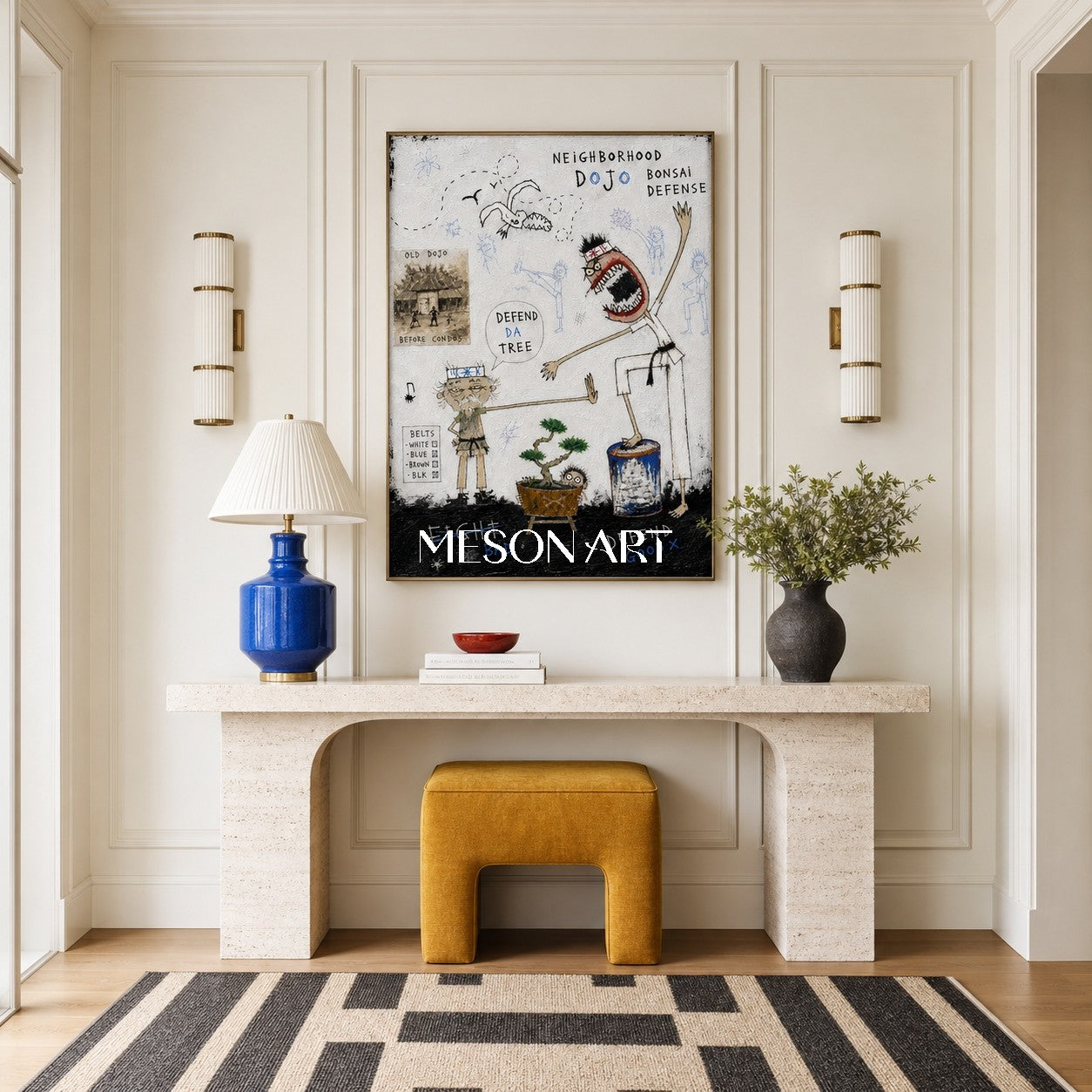 White And Black Graffiti Figurative Art Rectangular Canvas Martial Arts Story By Mesonart