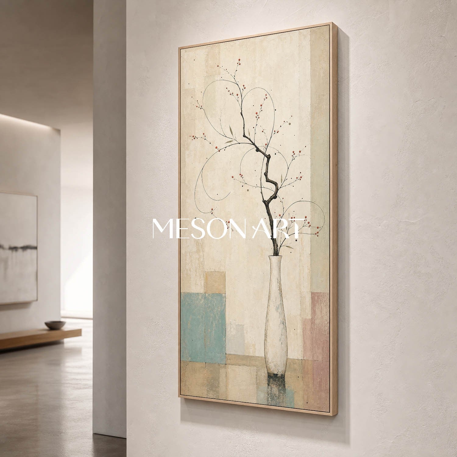 Large Vertical Floral Art Print For Entryway With Japandi Style Beige And Blue Tones