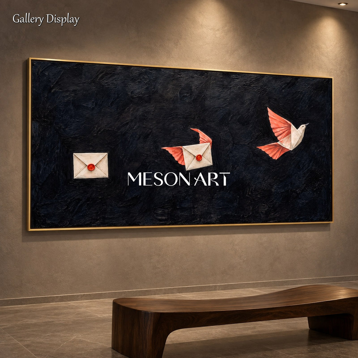 Black And Red Surrealist Painting Of Pigeons Panoramic Wall Art Original Artist By Mesonart