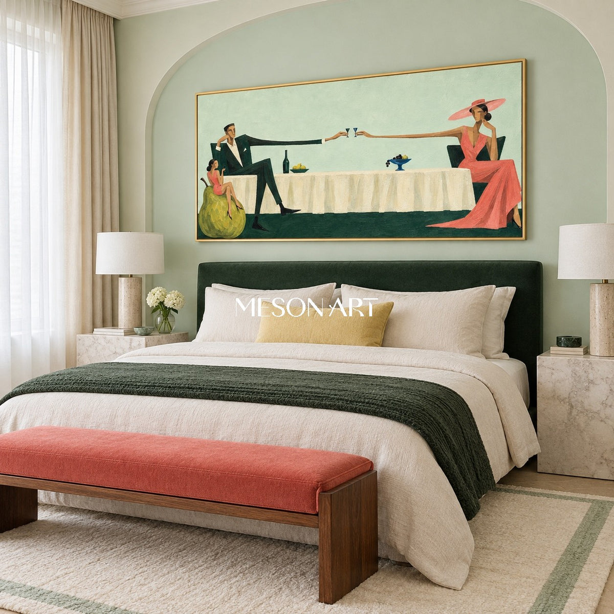Green And Pink Figurative Modern Minimalist Panoramic People Wine Art By Mesonart