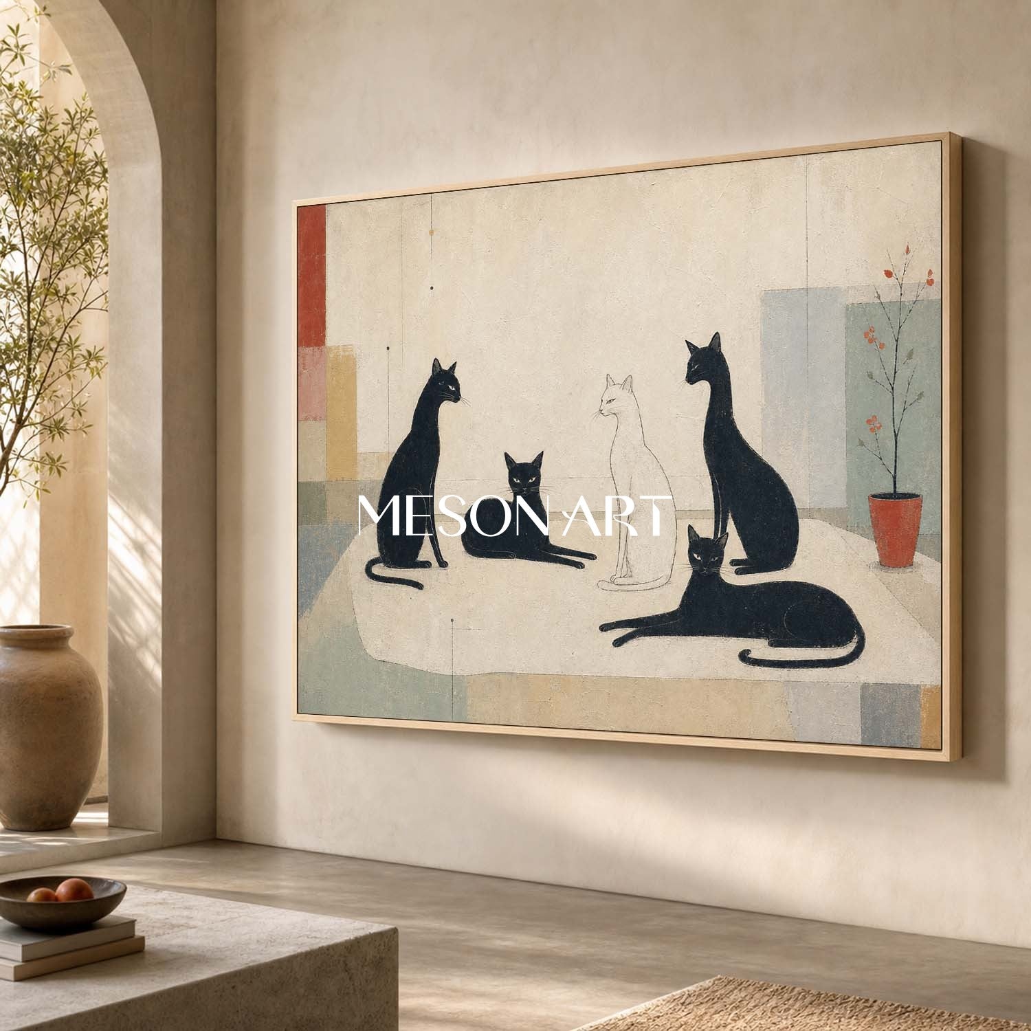 Minimalist Black And White Cat Painting For Modern Home Decor With Art Deco Style