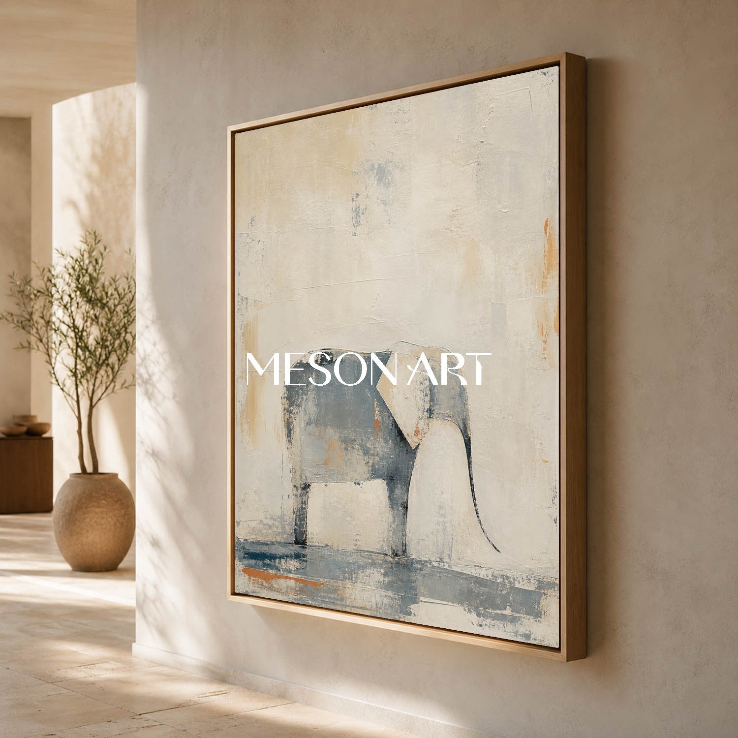 Minimalist Elephant Wall Art In Beige And Grey Tones For Serene Living Room Decor