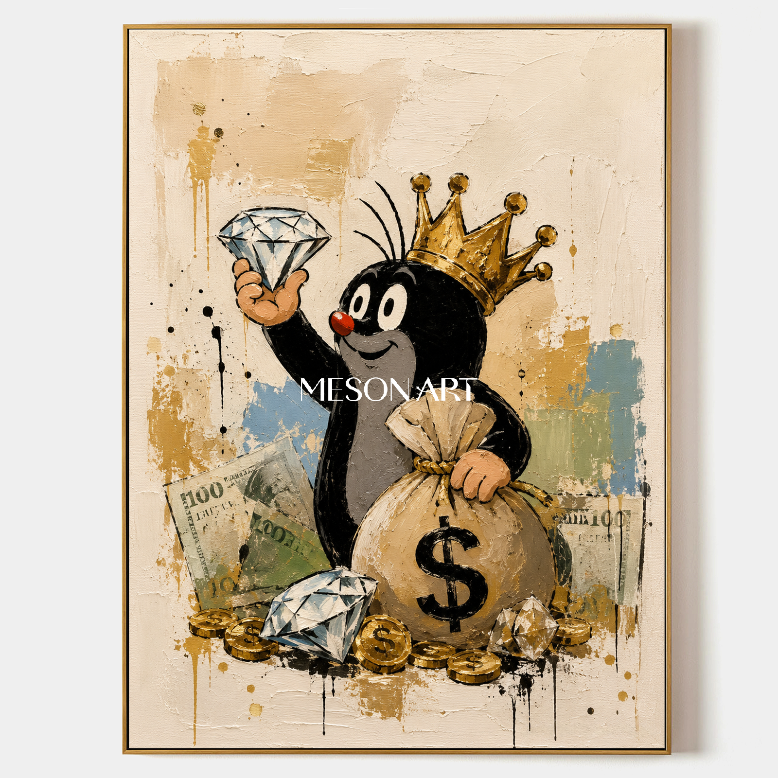 Crowned Mole Pop Art Painting With Gold Coins And Diamonds For Modern Living Room Decor