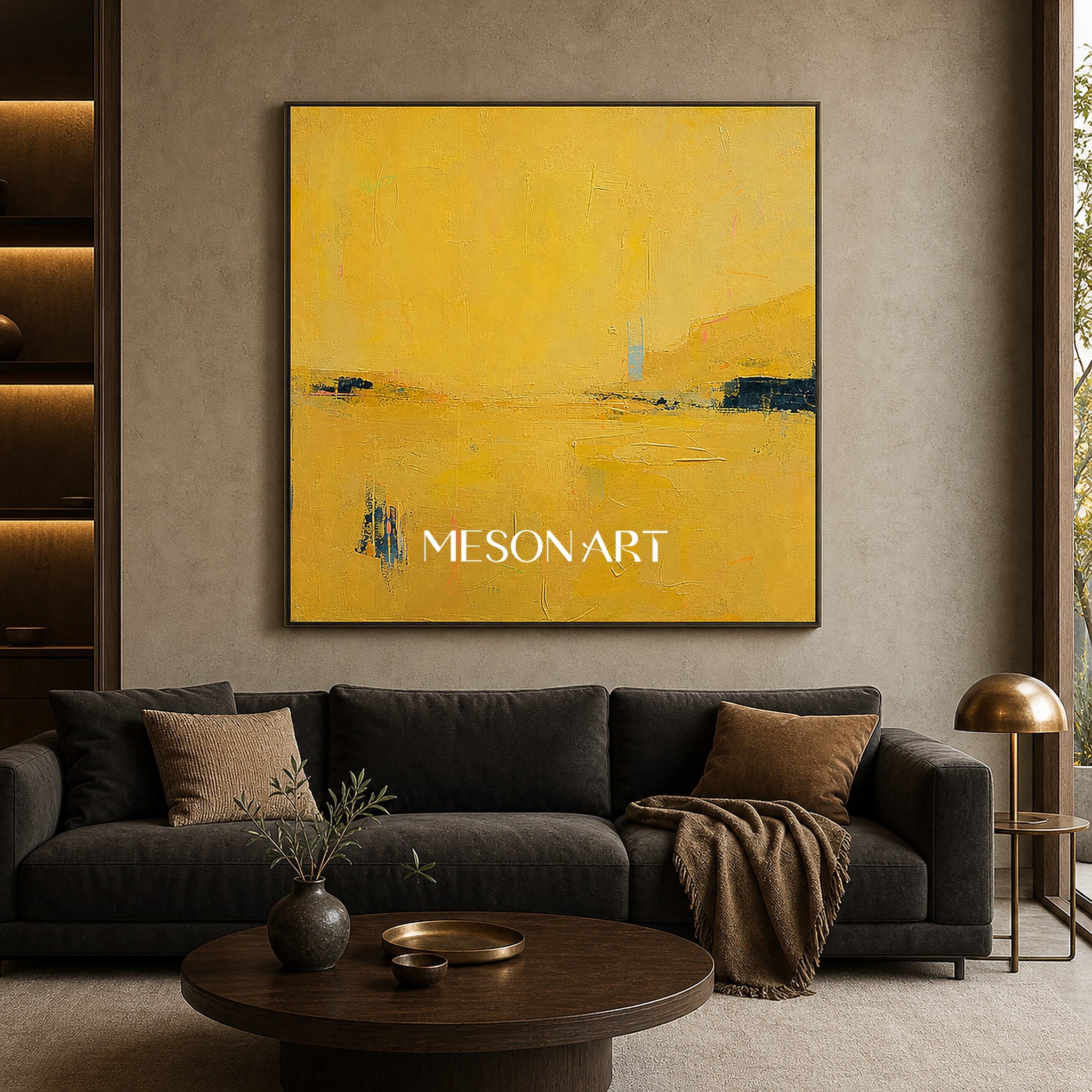 Golden Yellow Abstract Art For Living Room Entryway Minimalist Wall Decor