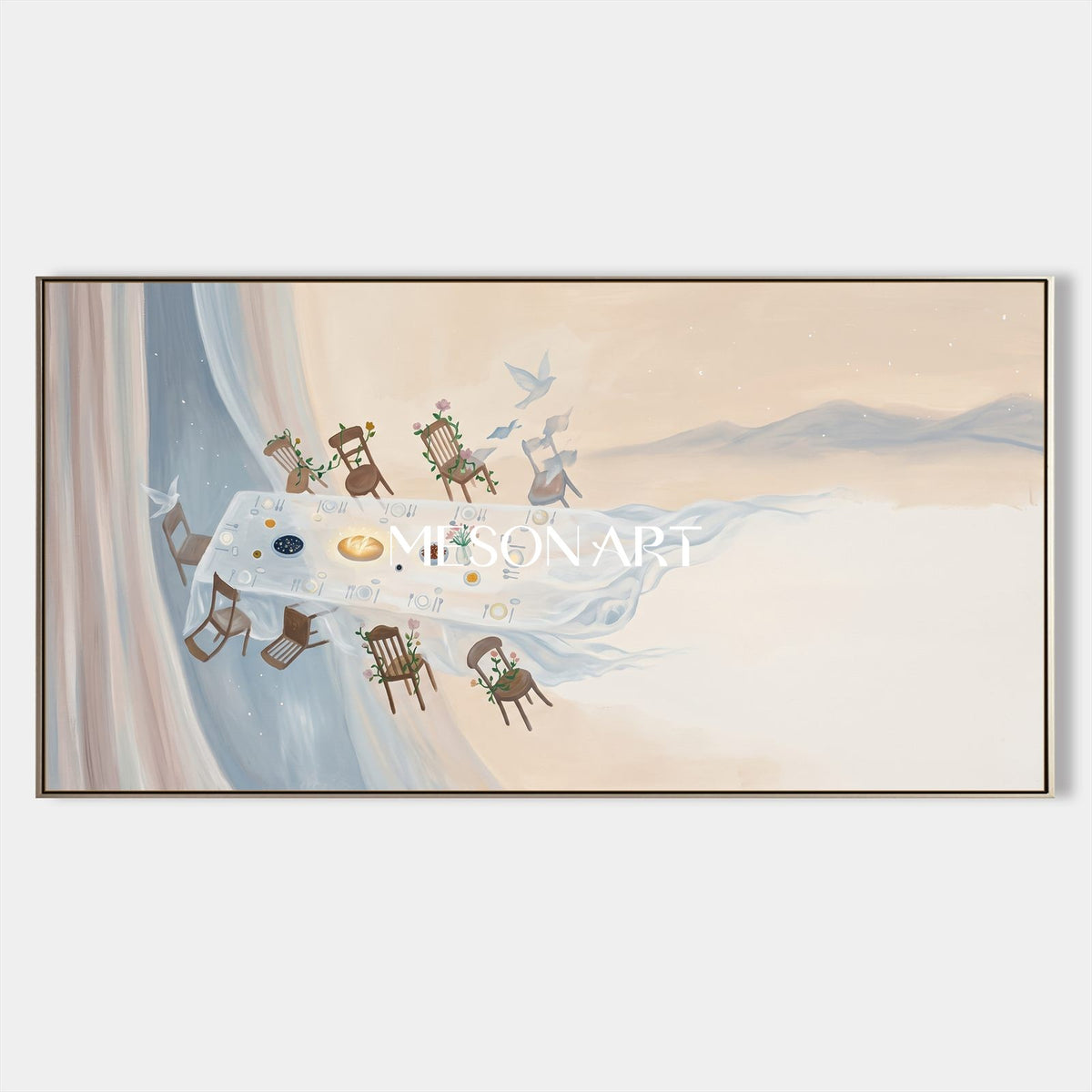 Beige And Blue Surrealist Art Large Long Table Panoramic Wall Decor Original Artist By Mesonart