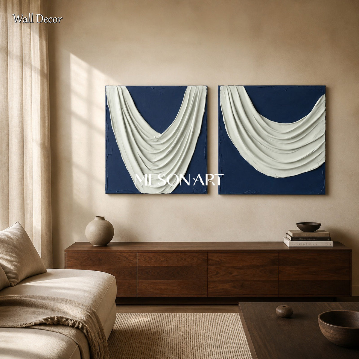 Blue And White Sculptural 3D Textured Organic Modern Wall Art Square Canvas By Mesonart