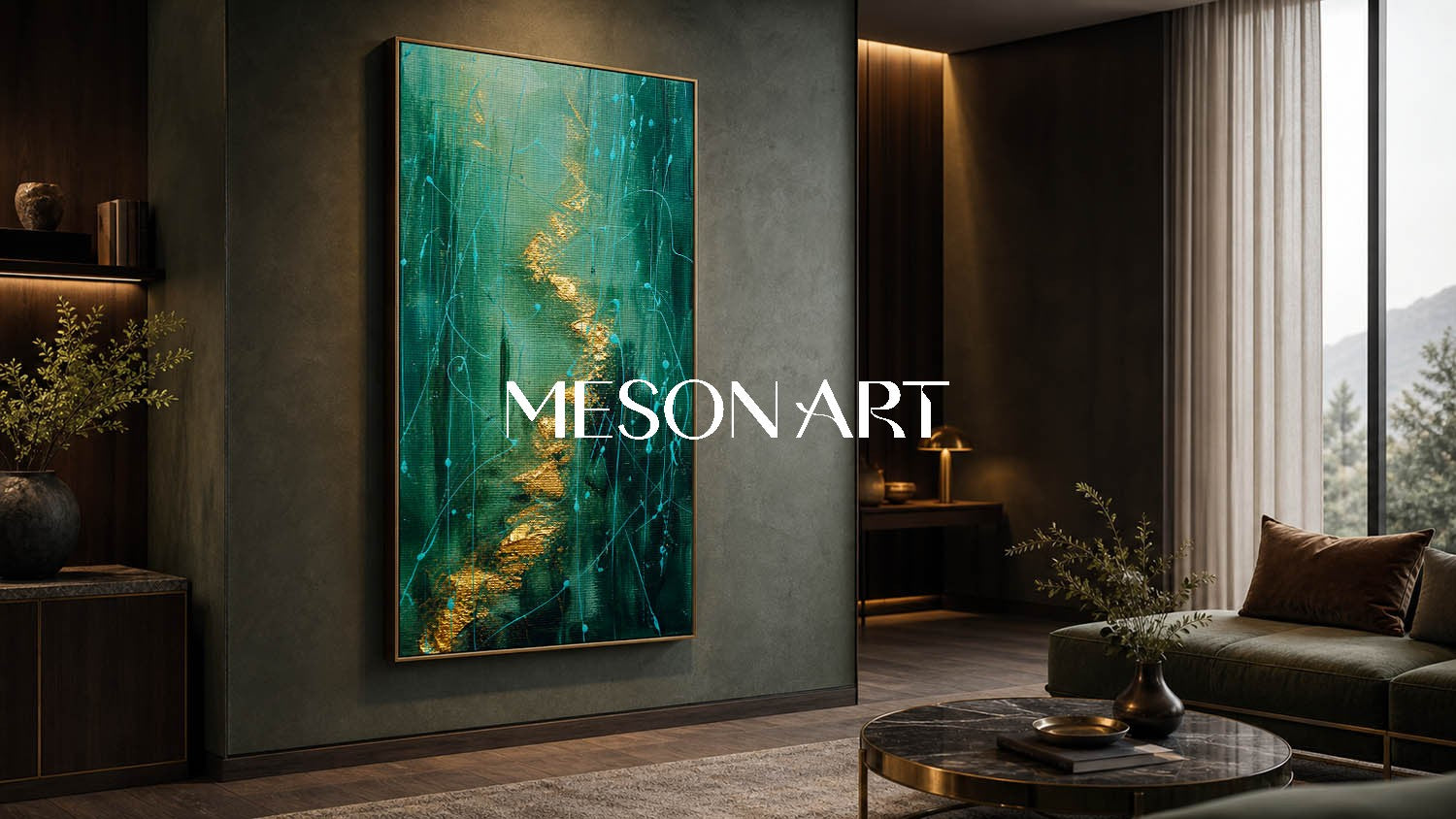 Green And Gold Pollock Abstract Art Painting With Fluid Lines For Modern Living Room Decor